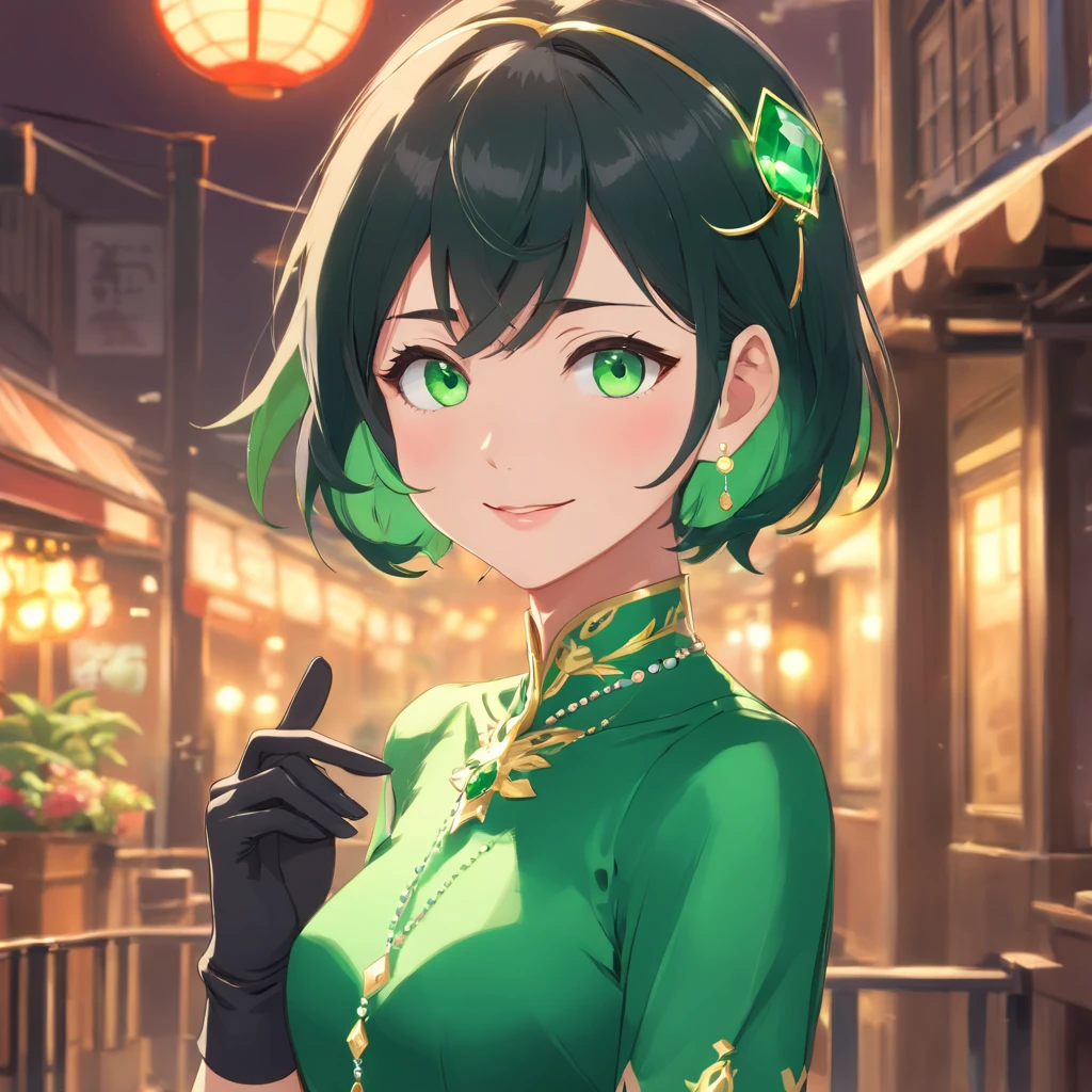 emerald tiara, Green Pearl Necklace, Boyish very short black hair, lipsticks, Japan woman smiling, very short short hair, big breasts beautiful, Green eyes, Long green gloves made of satin material, Green eyes, Emerald Earrings, Green eyes