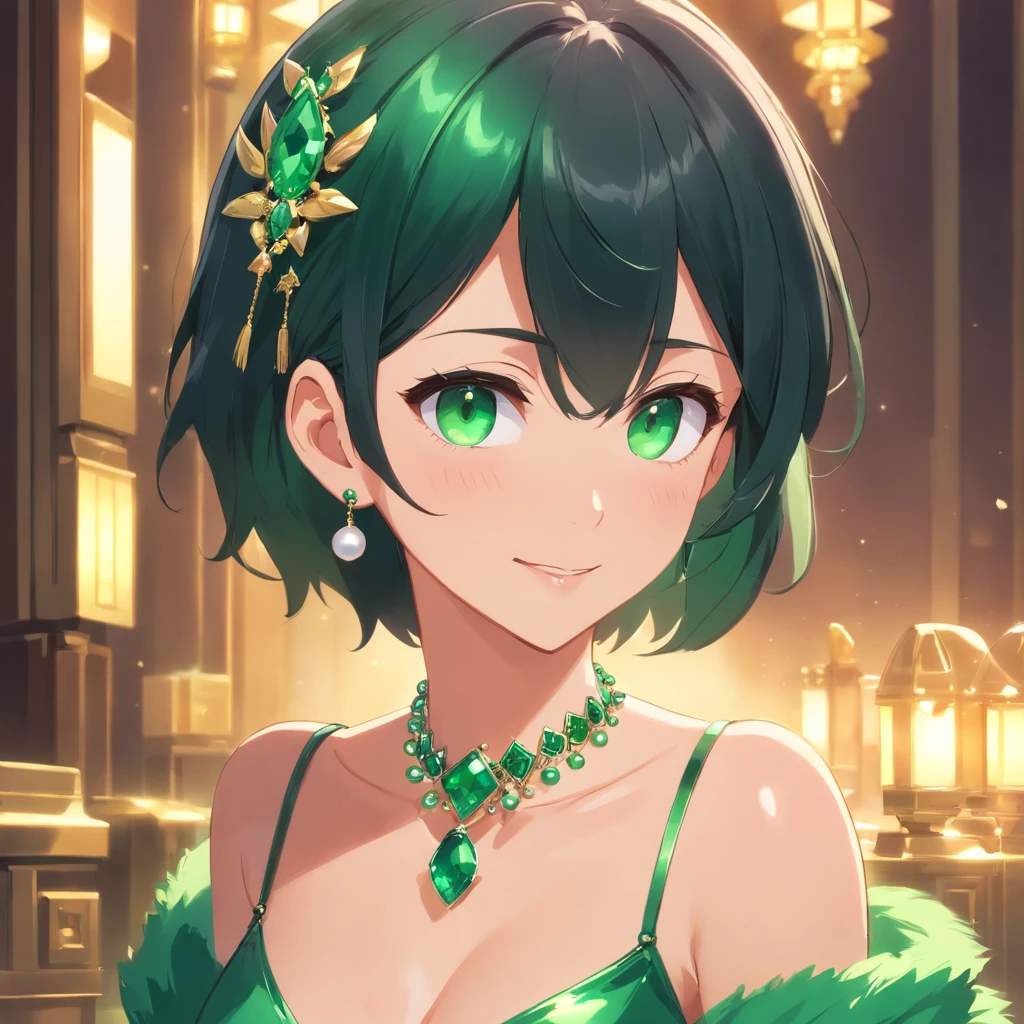 emerald tiara, Green Pearl Necklace, Boyish very short black hair, lipsticks, Japan woman smiling, very short short hair, big breasts beautiful, Green eyes, Long green gloves made of satin material, Green eyes, Emerald Earrings, Green eyes
