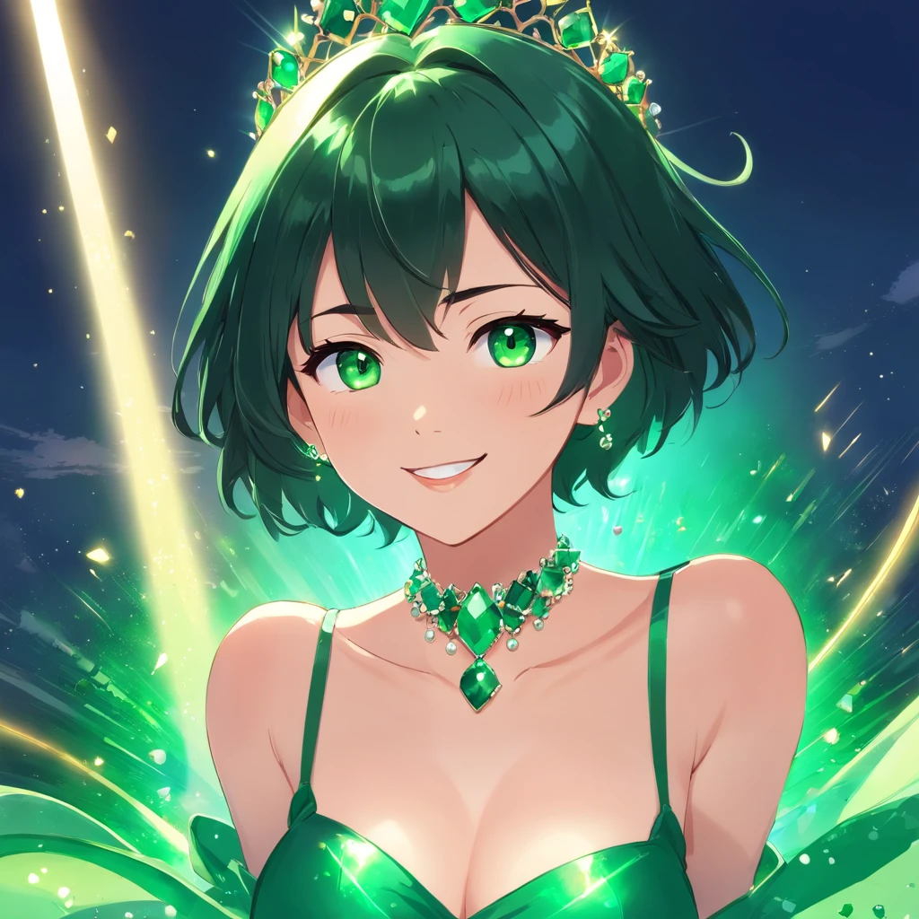 emerald tiara, Green Pearl Necklace, Boyish very short black hair, lipsticks, Japan woman smiling, very short short hair, big breasts beautiful, Green eyes, Long green gloves made of satin material, Green eyes, Emerald Earrings, Green eyes