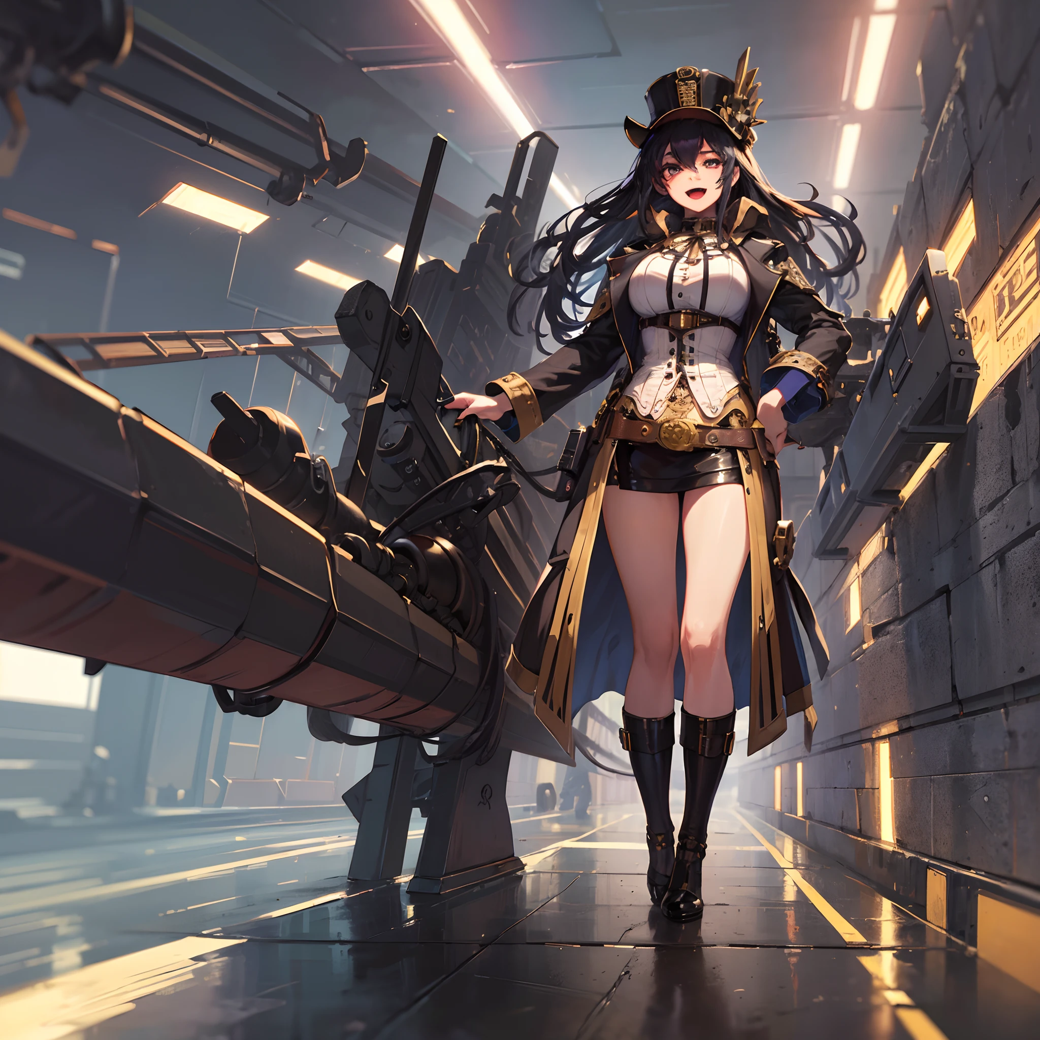 (((fullllbody,Steampunk ,Evil sensual smile,1 persons))), Mechanical appendages,Steampunk appendages,without background,One Young Woman, Steampunk clothes, steampunk hat,Carried a rocket on his back,striated hair, A dark-haired, eye reflections, makeup, open open mouth, smil, high detal, Gothic art, barroco, motion-blur, Ray traching, reflective light, multiple views, Perspective, ultra wide-angle, masterpiece, Anatomically correct, Textured Leather, Super Detail, high details, hightquality, Better Quality