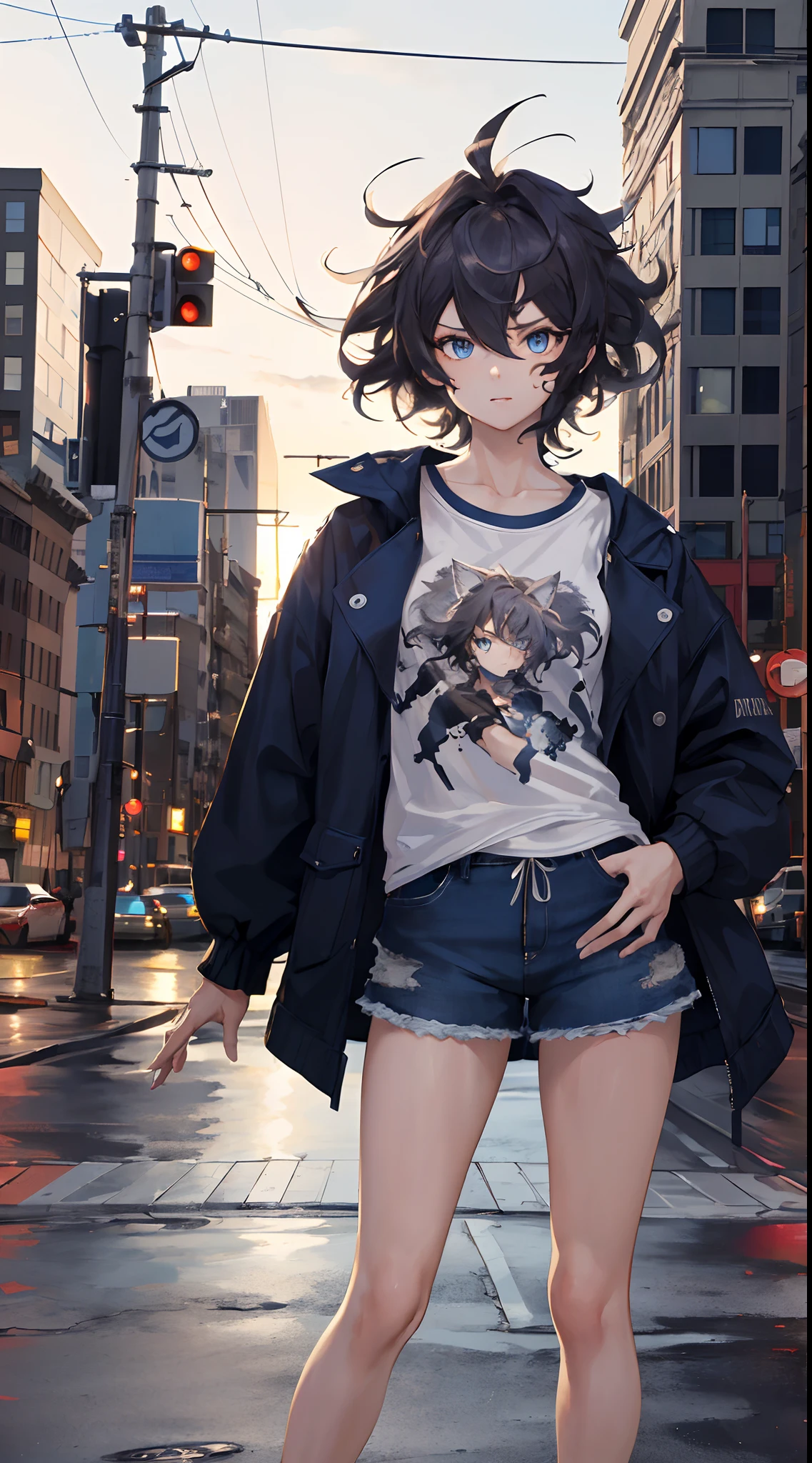 Masterpiece1.2),best quality, 8k))),1 girl , adult, messy hair, dynamic hair, hair,wolfcut,blue eyes,t-shirt,Jacket ,shorts , medium hips , half body portrait, city street, dynamic pose , adult, city, night, beautiful light, high environmental detail