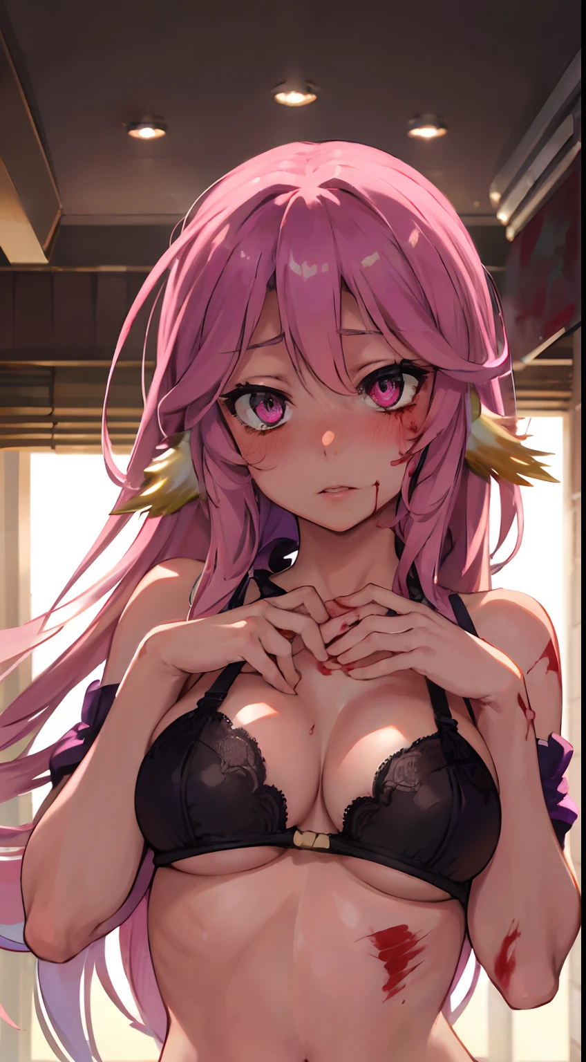 Jibril, upper body, blushed, perfect anatomy, detailed eyes, detailed lips, extremely detailed eyes and face, vivid colors, sharp focus, bra, masterpiece:1.2, ultra-detailed, bra, blushed, (((blood on hands))), (solo), blood, healthy skin.