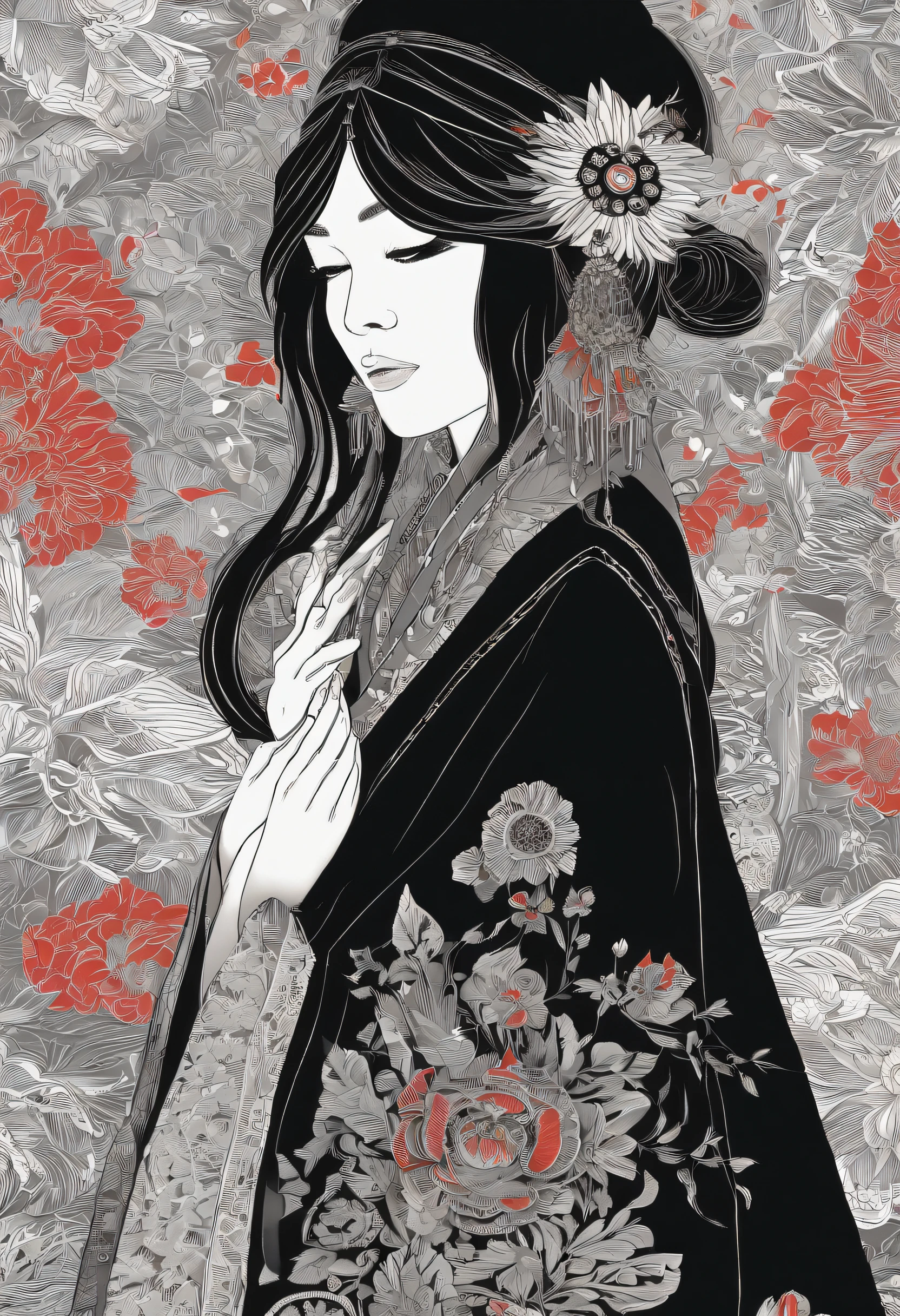 "(One girl in black hippie fashion+rot+blanche),Colorful colors、 The upper part of the body、incredible details, Traditional background of Japan, Magnificent illustrations, Perfect picture quality"