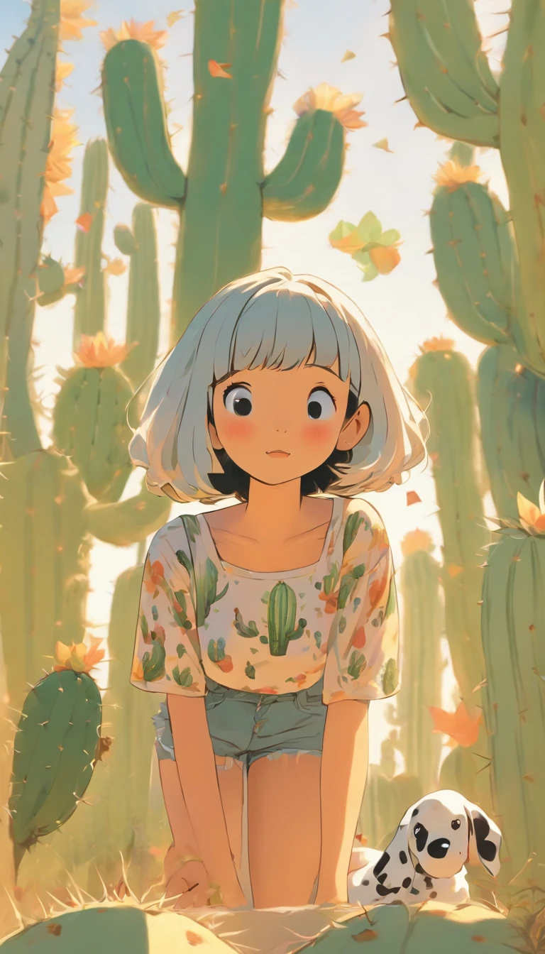 An Asian girl in camisole super shorts in the desert，Japanese manga style，Whitish skin，A large cactus behind the girl，Girl standing in front of giant cactus eating Happy potato chips，Wear a sun hat，Lazy sofa，A band-aid with a cute pattern is attached to the face，summer day，Cool，Piva，A Dalmatian looked at the cactus curiously，Japanese healing system，