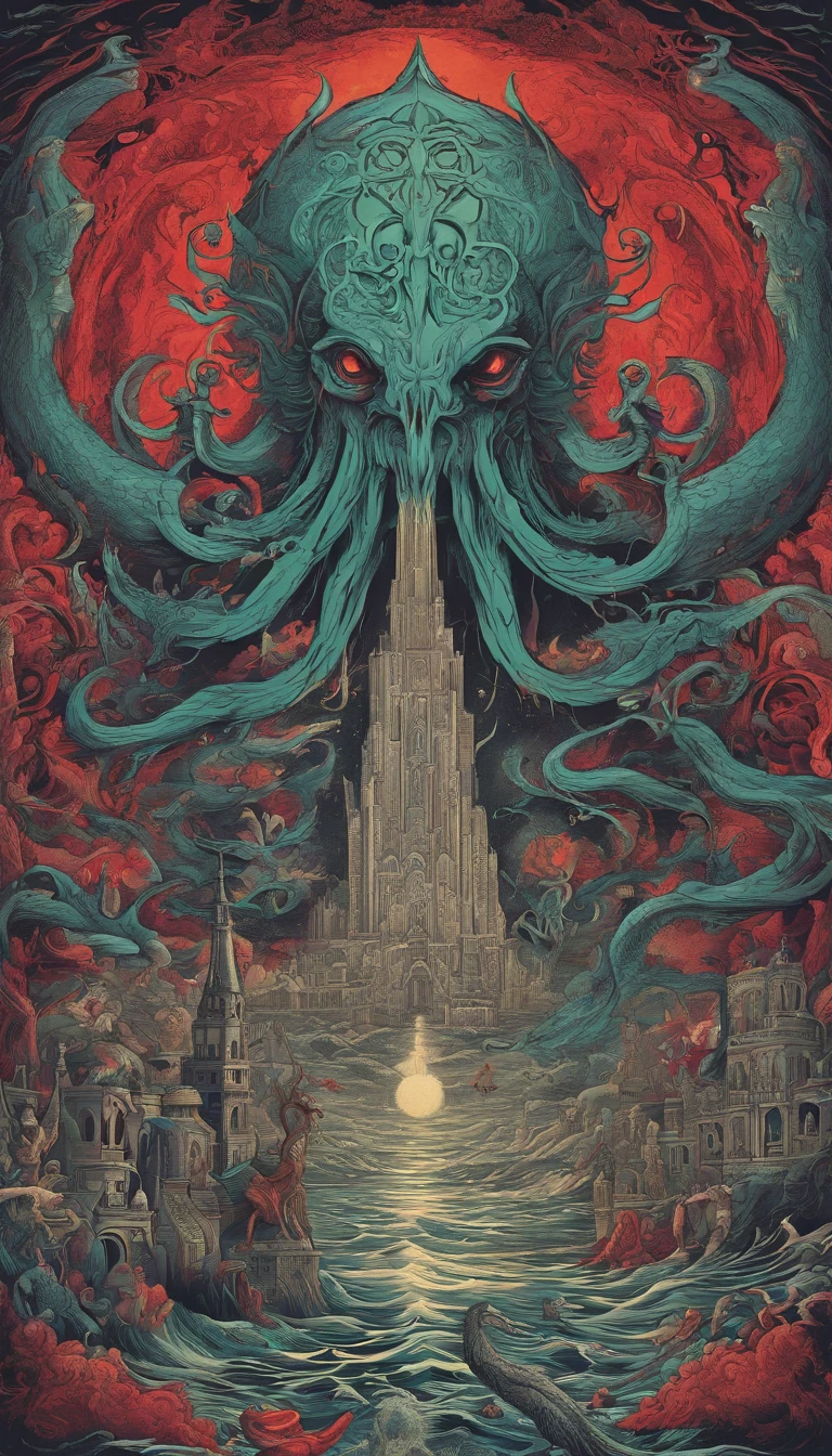 From the depths he emerges, devil,
The Cthulhu's Parade in crimson hues.
Whispers of the otherworldly echo,
A festival where madness and beauty fuse.
In the night sky adorned with abyssal splendor,
Feathers stained with blood dance and soar.
Entwined by threads of fate,
The deranged revel in ecstasy's roar.
Oh mighty Cthulhu, ruler of the depths,
In our pursuit of desires so forlorn,
We embark on a path of madness and despair,
Guided by the disciples of the one we adorn.
On the grand boulevard, grotesque forms stride,
Where terror and beauty intertwine.
In the realm betwixt dreams and nightmares,
We surrender ourselves to euphoria's shrine.
Praise his name, the great Cthulhu,
Monarch of the abyss, the wellspring of our insanity.
In this eternal procession's stage,
We celebrate the coming of the world's calamity.