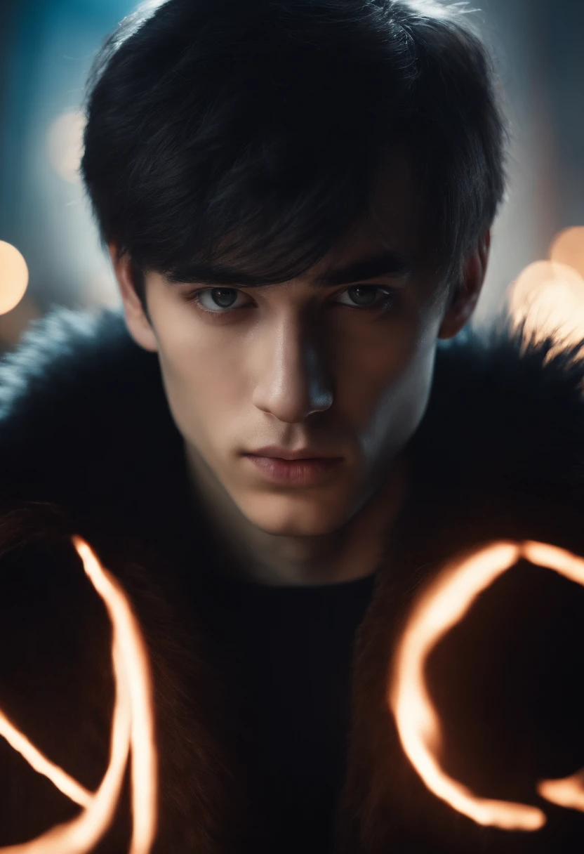 Young man, 20 years old, white hair, two block haircut , shirtless, wearing a black fur coat , reality photo, reality skin, detailed skin, glowing light eyes, Biomechanical, eerie, Creepy, nightmarish, Very bright colors, Light particles, with light glowing, Mshiff, wallpaper art, UHD wallpaper