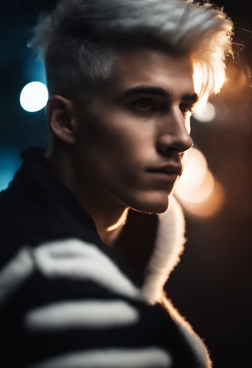 Young man, 20 years old, white hair, two block haircut , shirtless, wearing a black fur coat , reality photo, reality skin, detailed skin, glowing light eyes, Biomechanical, eerie, Creepy, nightmarish, Very bright colors, Light particles, with light glowing, Mshiff, wallpaper art, UHD wallpaper