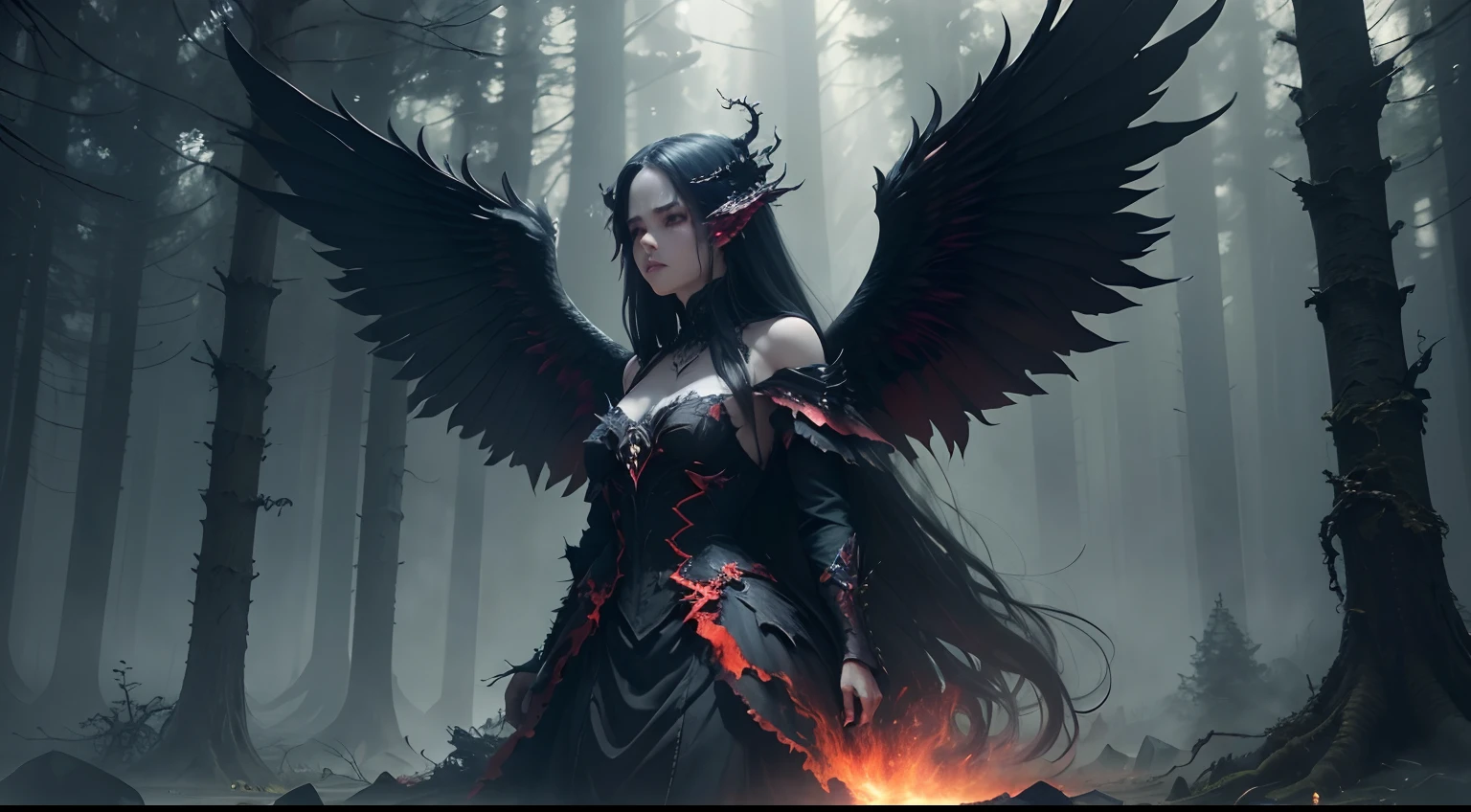 (best quality,4k,8k,highres,masterpiece:1.2),ultra-detailed,(realistic,photorealistic,photo-realistic:1.37),dark fantasy,red color palette,gloomy atmosphere,mystical aura,flaming wings,fierce expression,sharp claws,ominous halo,demonic symbols,fiery landscape,ominous shadows,hellish glow,evil enchantments,sinister presence,dramatic lighting,ethereal beauty,apocalyptic surroundings,intense emotions,otherworldly creature,graceful movement,enchanted forest,smoke and mist,hauntingly beautiful,fallen feathers,ominous whispers,diabolical energy,demonic transformation,masked intentions,enchanted chaos,unearthly power,spiritual corruption,lurking danger,otherworldly events,unholy presence