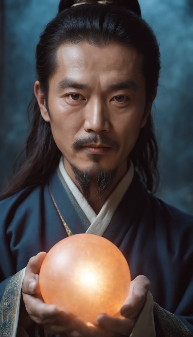 Close-up of a 35-year-old middle-aged Asian man,Holding a glowing ball in his hand,Long hair,goatee,staring right into camera,Meditate cross-legged, at centre, a character portrait inspired by Hu Zaobin, Taoist master,Taoist, spell casting wizard, Clear facial features,Very bright colors, Light particles, with light glowing, Mshiv, wallpaper art, UHD wallpaper