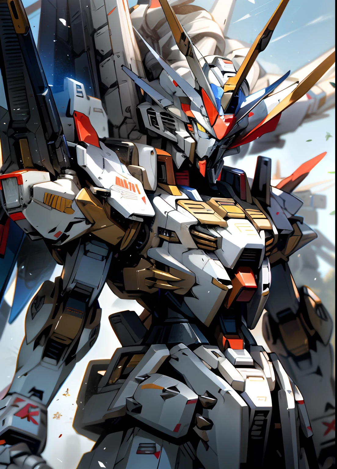 a close up of a robot with a gun in its hand, super robot wars, mobile suit gundam, mobile suit, gundam style, extreme gundam, gundam is windmill shaped, gundam, gundam robot, on a gundam, mecha anime, modern mecha anime, an anime large mecha robot, barbatos gundam, gundam armor, drdisrespect as a gundam