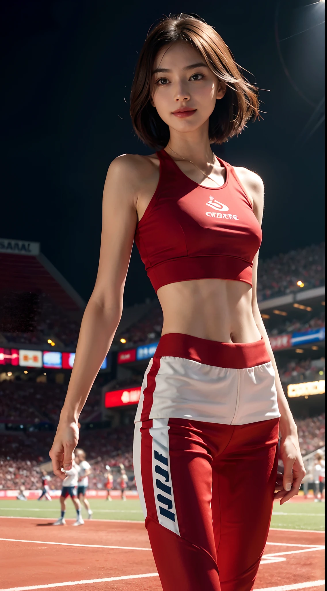 Very skinny European 23 years old woman, short brown wavy hair in a ponytail, flat chested, narrow hips, slender, wearing red and white cheerleader polo and matching miniskirt. Crowded huge stadium as backdrop. Full body shot.