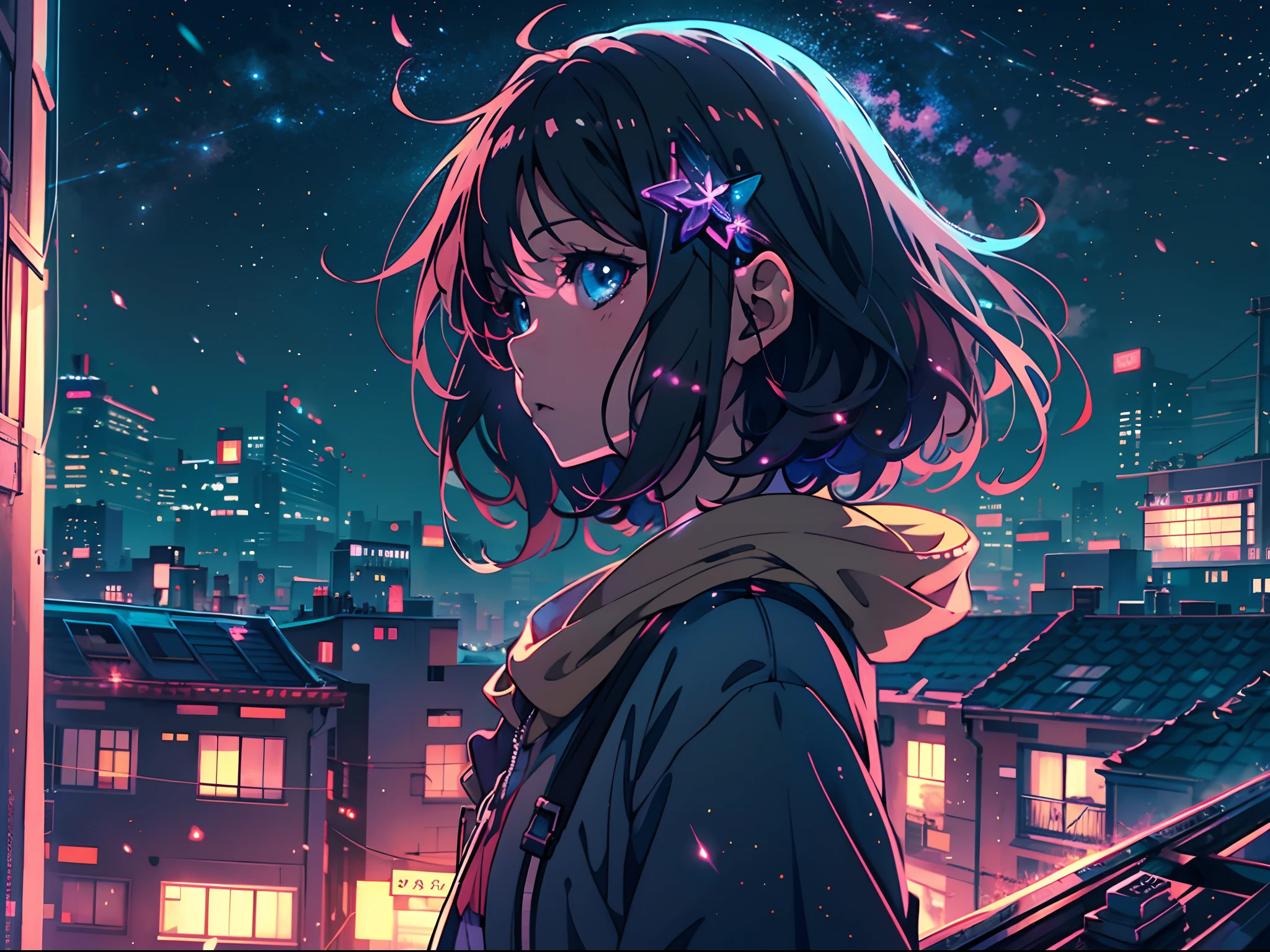 anime girl standing on rooftop looking at night sky with stars, anime wallpaper 4k, anime wallpaper 4 k, 4k anime wallpaper, anime art wallpaper 8 k, anime art wallpaper 4k, anime art wallpaper 4 k, anime style 4 k, makoto shinkai cyril rolando, 4 k manga wallpaper, anime wallpaper, amazing wallpaper, shooting stars