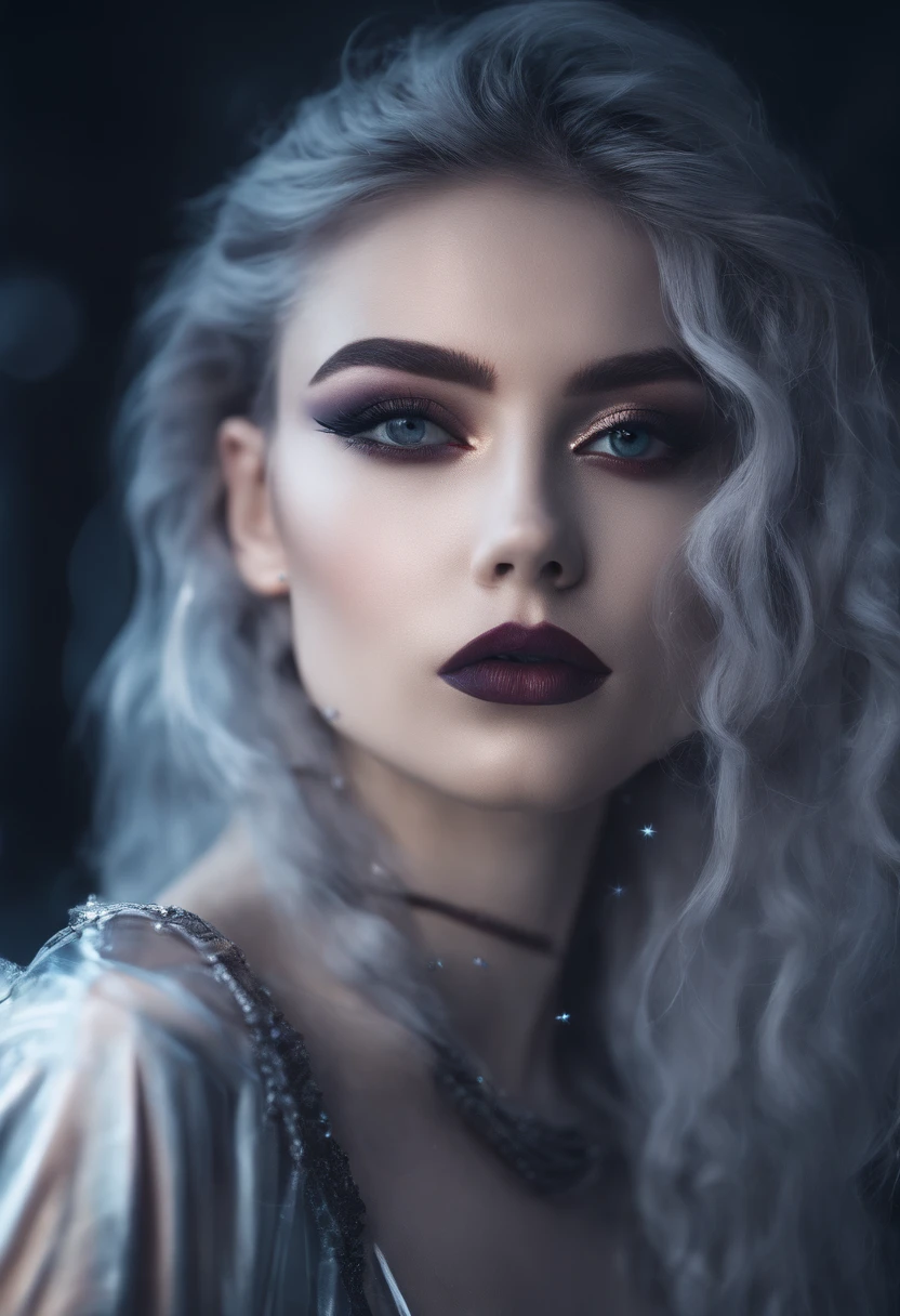 RAW photo of young Greek woman, color photograph, half length picture, close up portrait, ((a realistic photo of a beautiful young 18yo girl)), shadows, ((silver wing eyeliner)), (dark lipstick), ((pale iridescent skin)), dark eyes, leaning towards viewer, looking at viewer, sensual, erotic pose, smirk, shy, expressive hair, (dark hair), perfect facial features, perfect realistic skin, high quality, very detailed face, night, small breasts, futuristic model, fashion editorial style