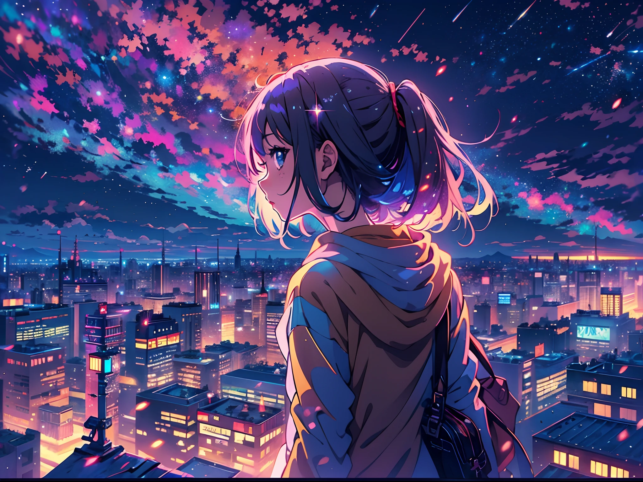 anime girl standing on rooftop looking at night sky with stars and rainbow, rainbow starry night, anime wallpaper 4k, anime wallpaper 4 k, 4k anime wallpaper, anime art wallpaper 8 k, anime art wallpaper 4k, anime art wallpaper 4 k, anime style 4 k, makoto shinkai cyril rolando, 4 k manga wallpaper, anime wallpaper, amazing wallpaper, shooting stars