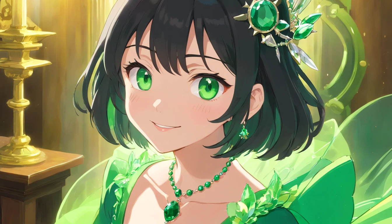 emerald tiara, Green Pearl Necklace, Boyish very short black hair, lipsticks, Japan woman smiling, very short short hair, big breasts beautiful, Green eyes, Long green gloves made of satin material, Green eyes, Emerald Earrings, Green eyes, Green dress, Green Bridal Veil