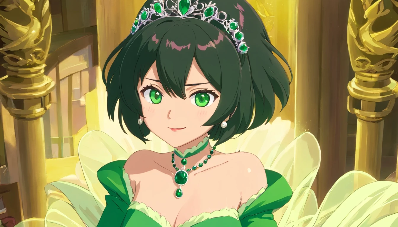 emerald tiara, Green Pearl Necklace, Boyish very short black hair, lipsticks, Japan woman smiling, very short short hair, big breasts beautiful, Green eyes, Long green gloves made of satin material, Green eyes, Emerald Earrings, Green eyes, Green dress, Green Bridal Veil