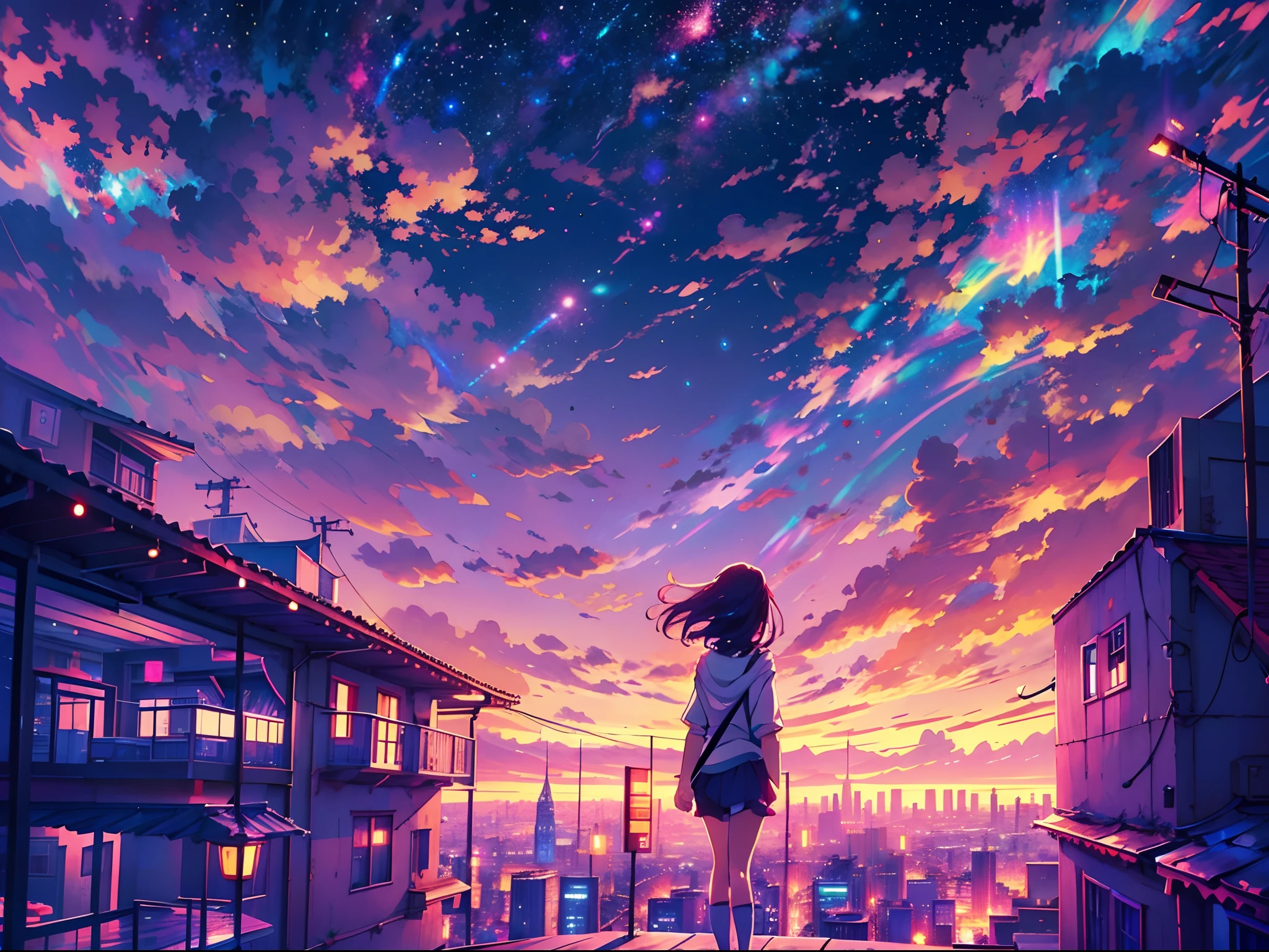 anime girl standing on rooftop looking at night sky with stars and rainbow, rainbow starry night, anime wallpaper 4k, anime wallpaper 4 k, 4k anime wallpaper, anime art wallpaper 8 k, anime art wallpaper 4k, anime art wallpaper 4 k, anime style 4 k, makoto shinkai cyril rolando, 4 k manga wallpaper, anime wallpaper, amazing wallpaper, shooting stars