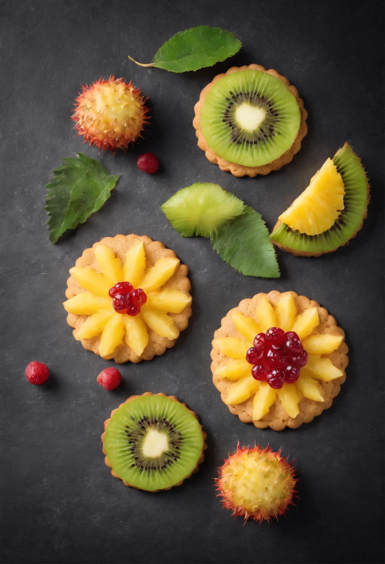 Cookie, kiwi, pineapple, Krubnik, Cloudberry, tea