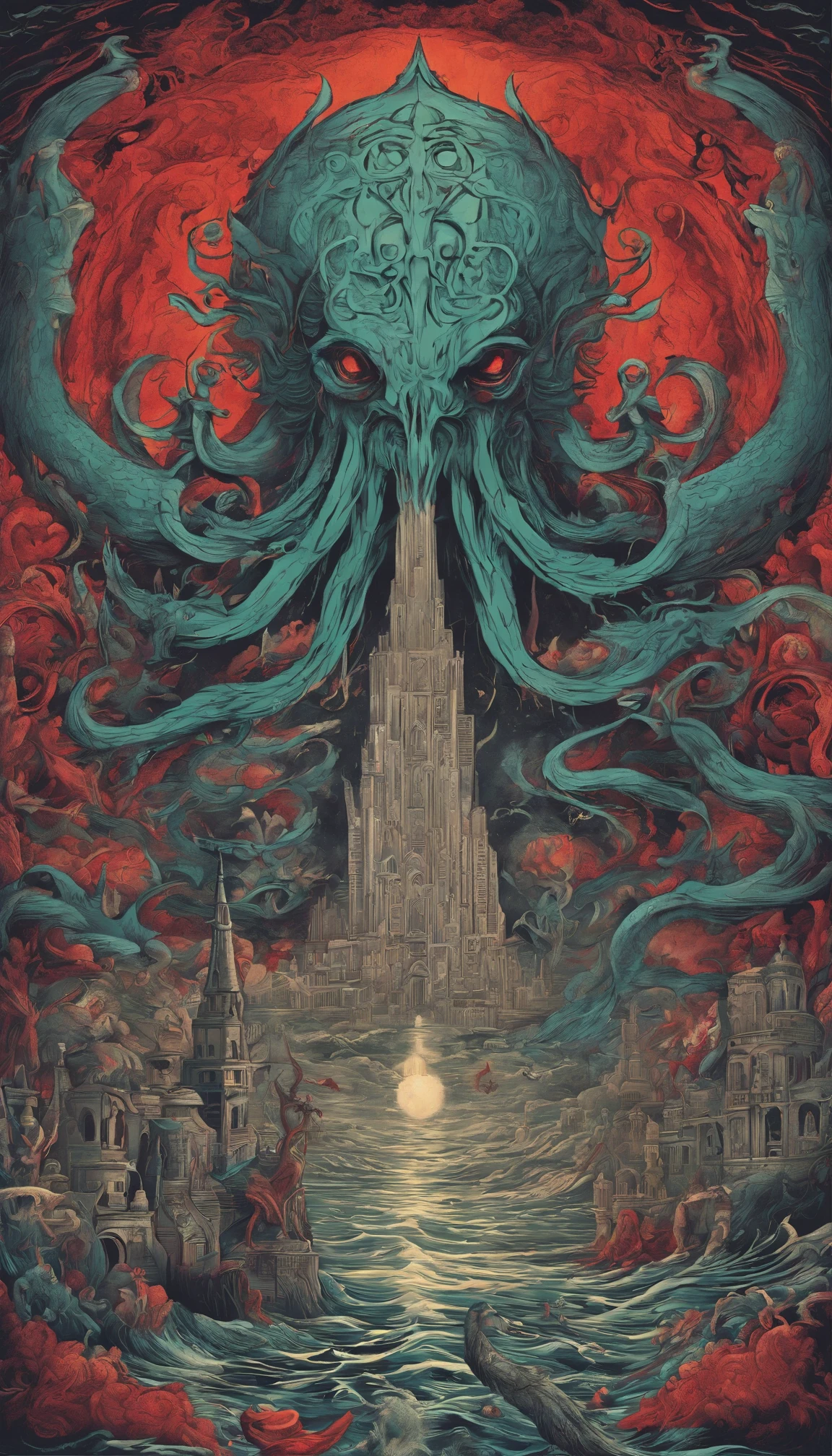 From the depths he emerges, devil,
The Cthulhu's Parade in crimson hues.
Whispers of the otherworldly echo,
A festival where madness and beauty fuse.
In the night sky adorned with abyssal splendor,
Feathers stained with blood dance and soar.
Entwined by threads of fate,
The deranged revel in ecstasy's roar.
Oh mighty Cthulhu, ruler of the depths,
In our pursuit of desires so forlorn,
We embark on a path of madness and despair,
Guided by the disciples of the one we adorn.
On the grand boulevard, grotesque forms stride,
Where terror and beauty intertwine.
In the realm betwixt dreams and nightmares,
We surrender ourselves to euphoria's shrine.
Praise his name, the great Cthulhu,
Monarch of the abyss, the wellspring of our insanity.
In this eternal procession's stage,
We celebrate the coming of the world's calamity.