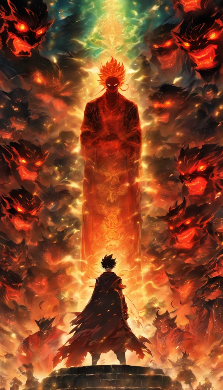 A young man standing before the entrance of the demon sect, exuding a powerful aura, surrounded by nervous demon sect members, with a look of surprise and confusion in his eyes. In the distant sky, the symbols of various righteous forces flicker, symbolizing the undercover agents planted in the sect.,32k, best quality, masterpiece, super detail, high details by Jidaimono Anime Style