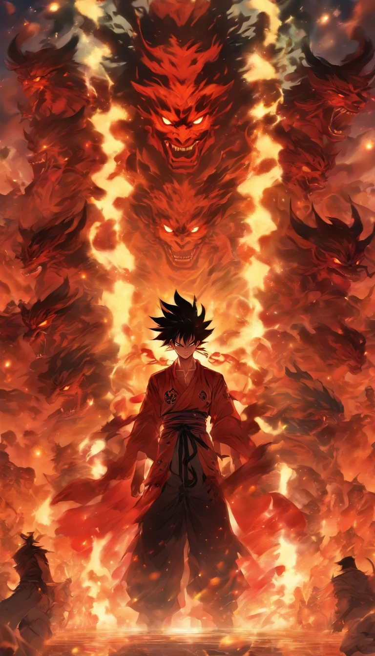 A young man standing before the entrance of the demon sect, exuding a powerful aura, surrounded by nervous demon sect members, with a look of surprise and confusion in his eyes. In the distant sky, the symbols of various righteous forces flicker, symbolizing the undercover agents planted in the sect.,32k, best quality, masterpiece, super detail, high details by Jidaimono Anime Style