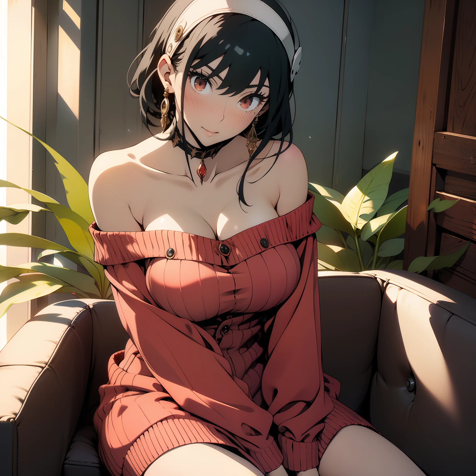 (masterpiece, best quality) yor, 1girl, solo, full body shot, beautiful, blushing, extremely sexy, sensuality, looking at viewer, black hair, red eyes, dress, bare shoulders, jewelry, collarbone, sidelocks, hairband, earrings, indoors, off shoulder, sweater, arms behind back, plant, short hair with long locks, white hairband, off-shoulder dress, sweater dress, off-shoulder sweater, red sweater, big side hair, very long side hair, big breasts, hands on breasts, hands pushing breasts together, masturbation, Grab your own breasts, Spread your legs, Raise your legs,