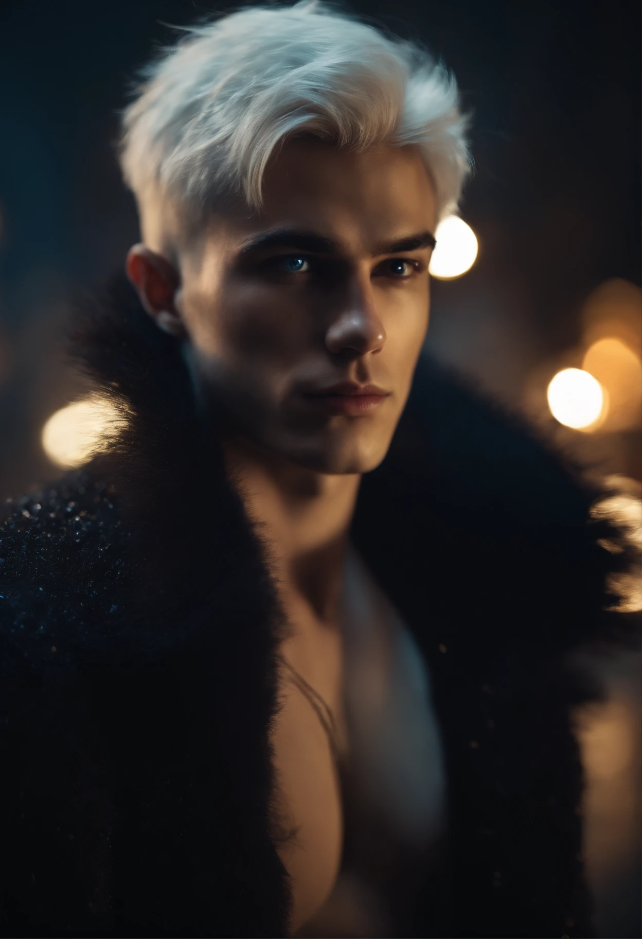 Young man, 20 years old, white hair, two block haircut , shirtless, wearing a black fur coat , reality photo, reality skin, detailed skin, glowing light eyes, Biomechanical, eerie, Creepy, nightmarish, Very bright colors, Light particles, with light glowing, Mshiff, wallpaper art, UHD wallpaper