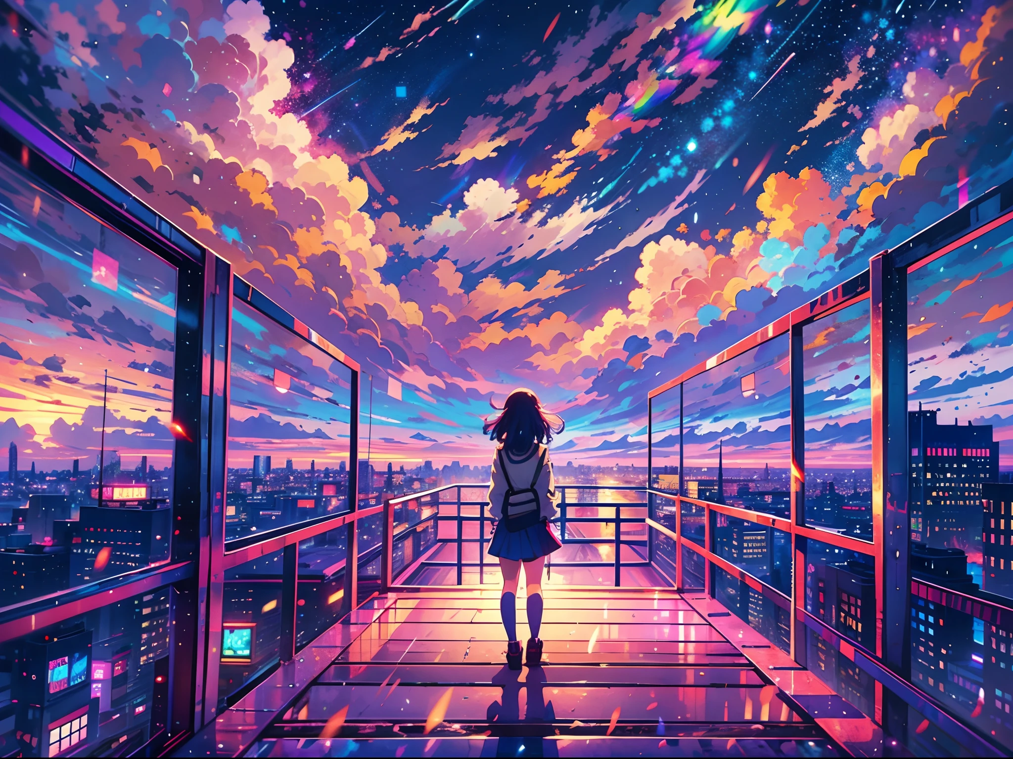 anime girl standing on rooftop looking at night sky with stars and rainbow, rainbow starry night, anime wallpaper 4k, anime wallpaper 4 k, 4k anime wallpaper, anime art wallpaper 8 k, anime art wallpaper 4k, anime art wallpaper 4 k, anime style 4 k, makoto shinkai cyril rolando, 4 k manga wallpaper, anime wallpaper, amazing wallpaper, shooting stars