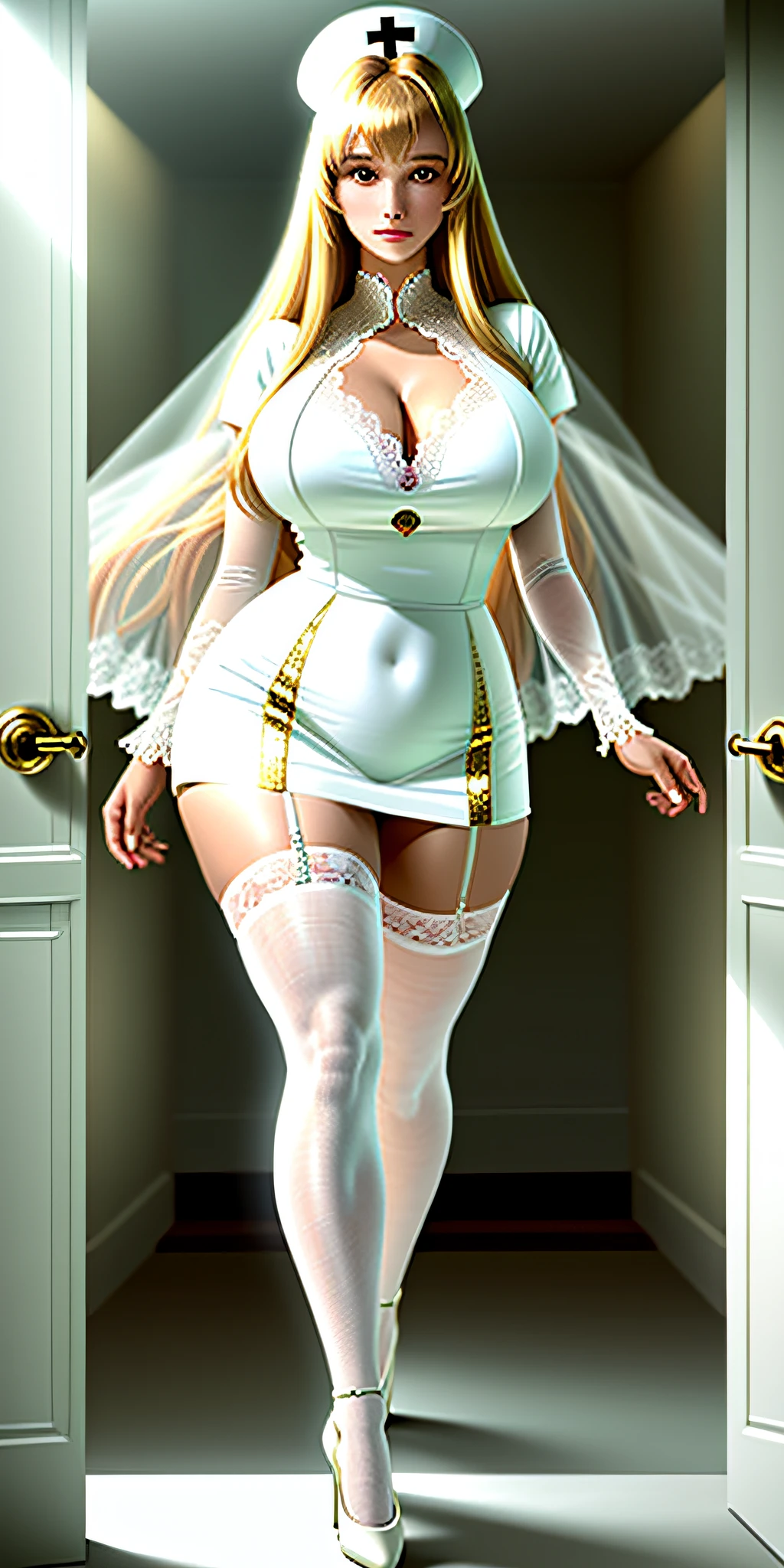 (Best quality,4K,8K,A high resolution,Masterpiece:1.2),Ultra-detailed,(Realistic,Photorealistic,photo-realistic:1.37),anime big breast,detailed scenic view,sunlight from above,White ward，Close the door,Leaning against the door,Nurse's uniform，Mature lady, Beautiful goddess-like figure, Tall,Curvy,plump,Porcelain complexion,Golden hair,Long hair with bangs,The beauty mark in the lower right corner of her face,A gentle expression appeared on her face,standing on your feet，legs standing together,Female hands，Tuck slightly into the legs，Brace your hands on your chest,Pink lace-trimmed nurses' outfits，Pure white lace-trimmed veil,White nurse hat，Pink cross pattern，Gold accents,Powder-white lace-trimmed long-sleeved fingerless gloves,Wear a simple white love pendant,White high heels,Wear white lace-trimmed suspender stockings, Intricate lace pattern, Lace leg loops,Wear yours with pink heels， Delicate embroidery, Ethereal beauty, Elegant drape,Delicate lace pattern,Transparency,Sexy nurse,Exquisite nurse attire,  Beautiful goddess-like figure,