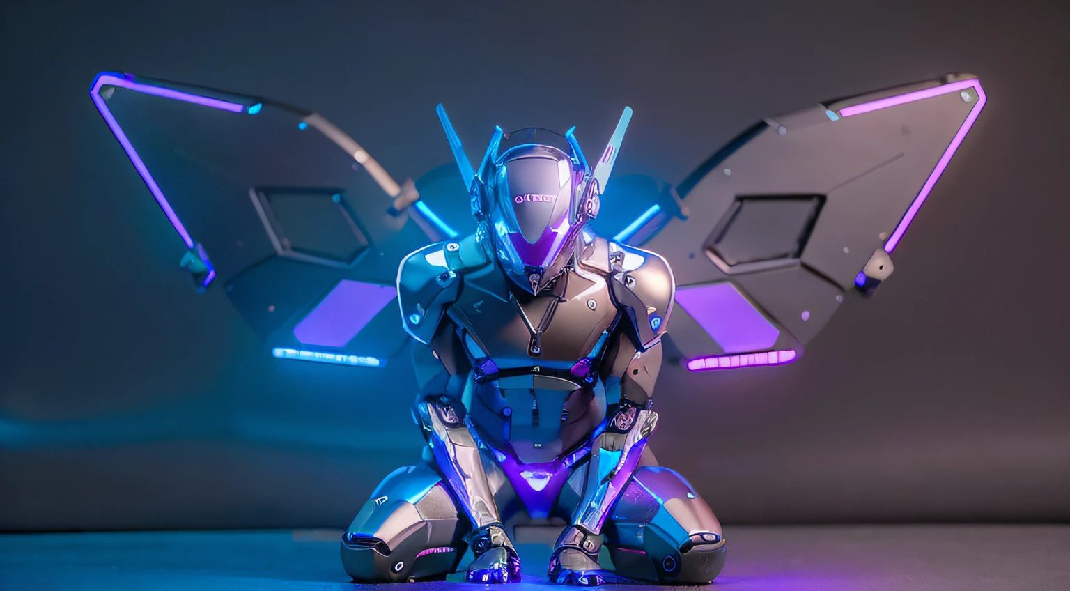 MALE , MAN, MUSCLE MAN. Lying on a cyberpunk bed, Lying position. Strong legs. full body. showing the whole body. shiny shoes. shoes. wings leds, masterpiece, best quality, a close up of a futuristic looking cyborg man with a fantastic cyberhelmet head with blue and Purple triangle led lights and a halo, wearing a blue and Purple techwear jacket, robot waist, robotic six pack, robotic belly, full body, Dark background. Night, black background. neon blue and Purple butterfly wings leds. robot waist, robotic six-pack abs. wings leds, robotic belly. full body. sitting position. wings leds.
