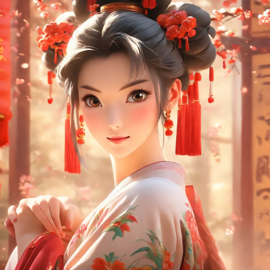 A beautiful young woman dressed in traditional Chinese dress, Stylish living room, photo-realistic techniques, Muzi·. nipple process, 32k ULTRAHD, Sonyan, classical, Historical genre scenes, Serenity Face --AR 69:128 --s 750 --V 5.2