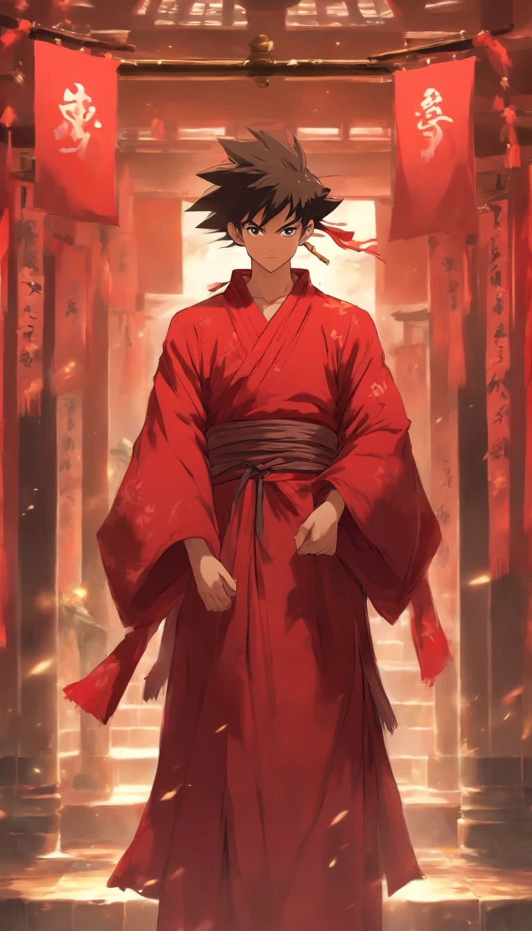 A young man wearing a red robe stands in front of the main hall of the Red Robe Sect, with a helpless and bitter smile on his face. A red flag hangs above the hall, surrounded by a serene and mysterious atmosphere, ,32k, best quality, masterpiece, super detail, high details by Jidaimono Anime Style