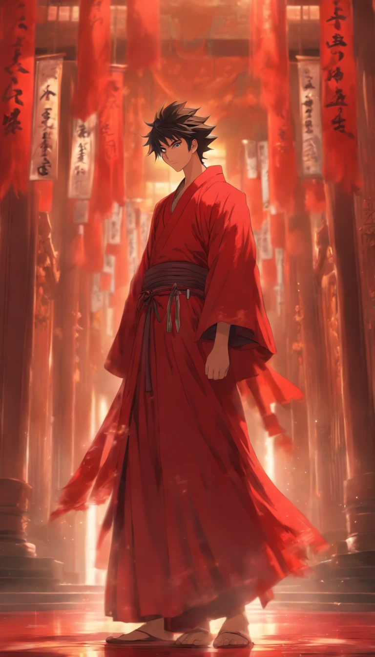 A young man wearing a red robe stands in front of the main hall of the Red Robe Sect, with a helpless and bitter smile on his face. A red flag hangs above the hall, surrounded by a serene and mysterious atmosphere, ,32k, best quality, masterpiece, super detail, high details by Jidaimono Anime Style