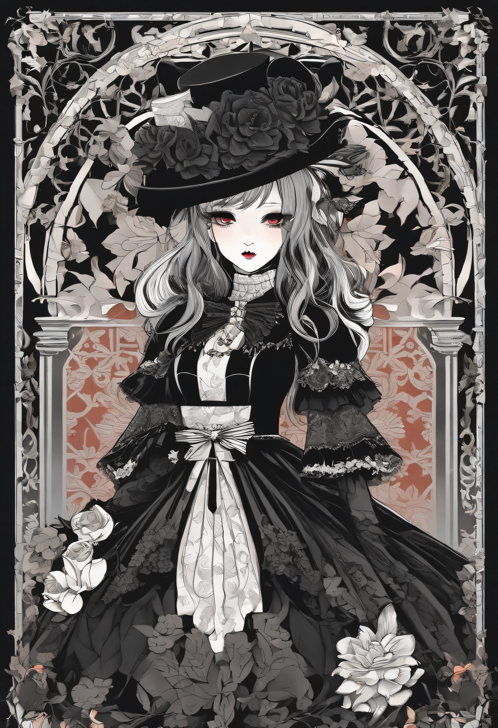 "(1 girl in black gothic ta fashion+rot+blanche),Colorful colors、 The upper part of the body、incredible details, Traditional background of Japan, Magnificent illustrations, Perfect picture quality"