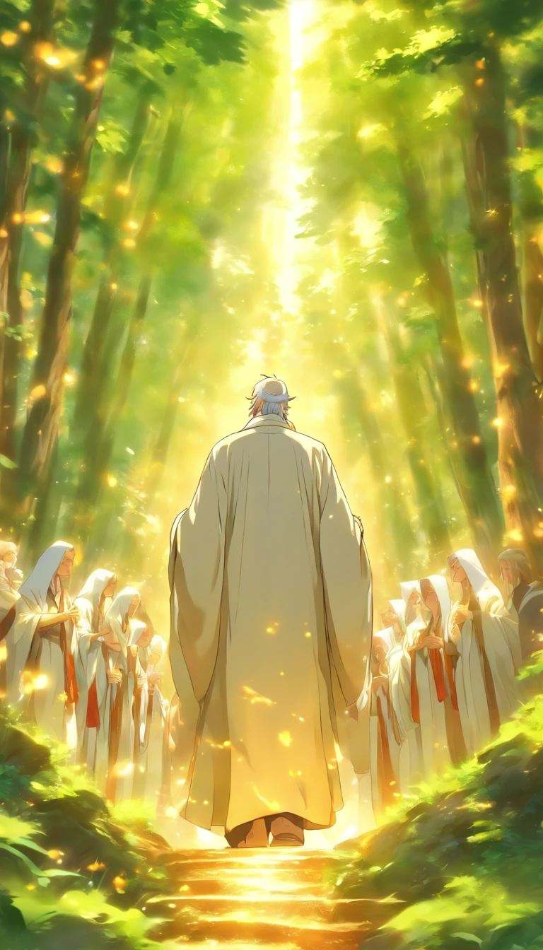 A wise and kind old man in a white robe, leading ten young people to bow respectfully to me in a peaceful mountain forest, with sunlight shining through the leaves, ,32k, best quality, masterpiece, super detail, high details by Jidaimono Anime Style