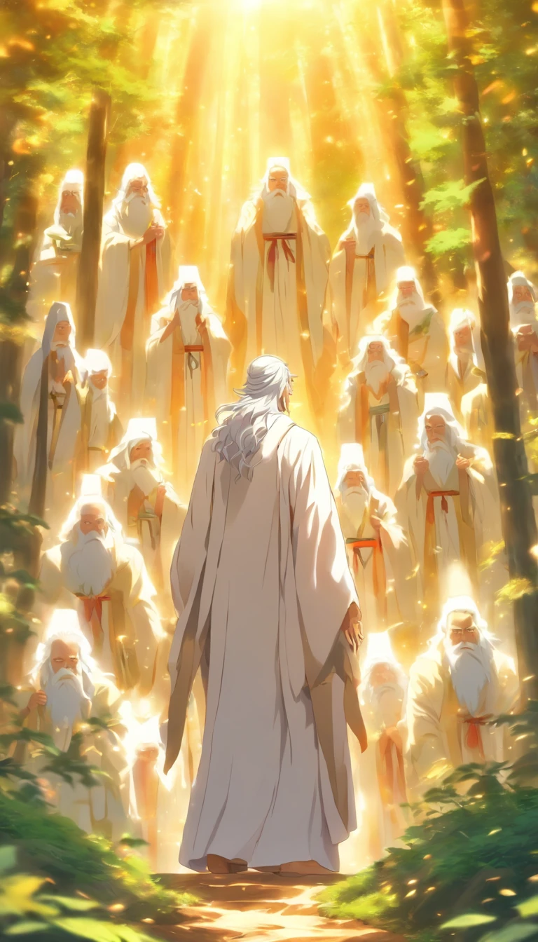 A wise and kind old man in a white robe, leading ten young people to bow respectfully to me in a peaceful mountain forest, with sunlight shining through the leaves, ,32k, best quality, masterpiece, super detail, high details by Jidaimono Anime Style