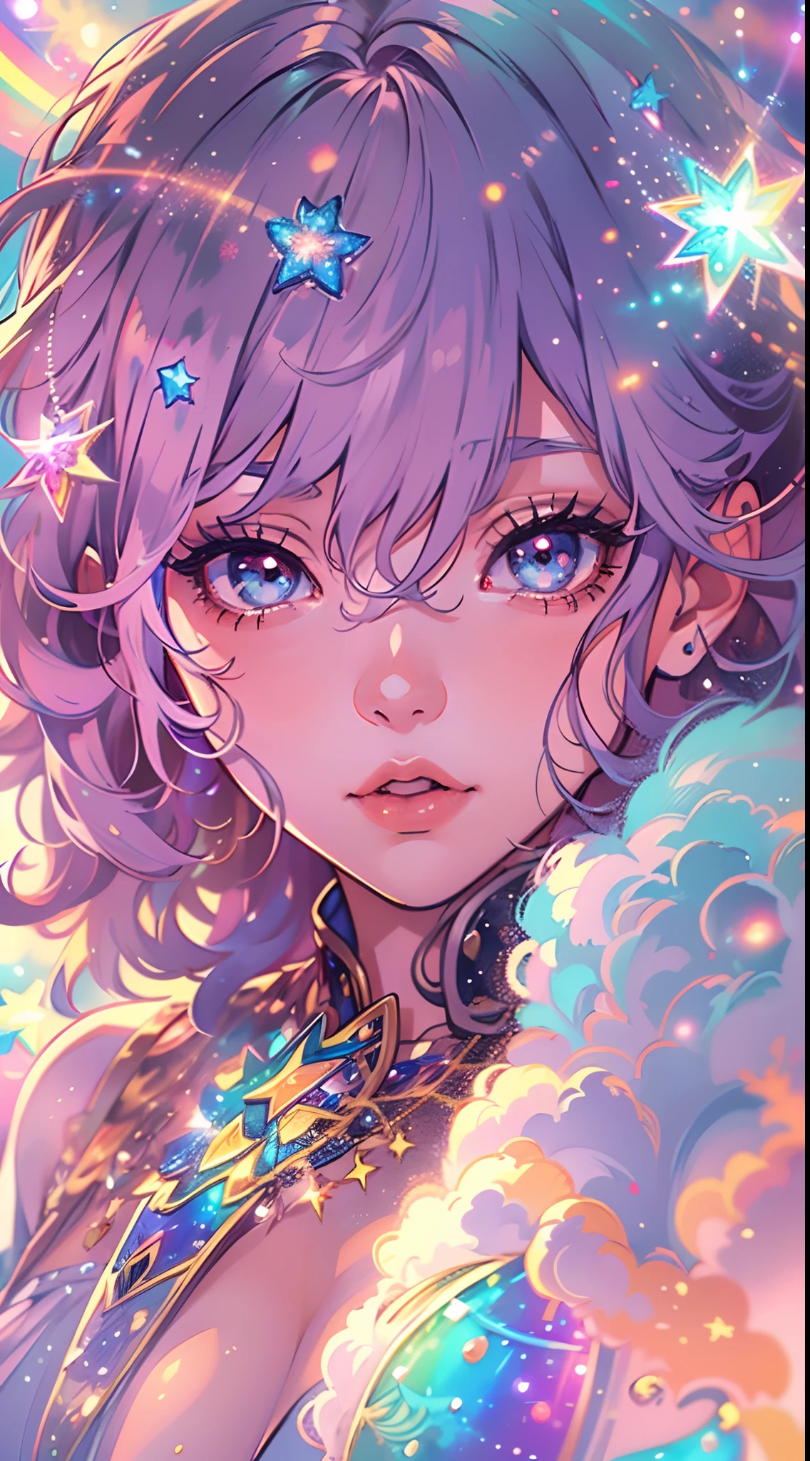 (best quality,4k,highres,masterpiece:1.2), realistic, anime style, 1girl, beautiful detailed eyes, beautiful detailed lips, long eyelashes, dreamy atmosphere, cosmic phenomenon, stars dancing, giant colorful rainbow, vibrant colors, colorful sky, fluffy cloud, magnificent scene, fantasy, magical, awe-inspiring, surreal, anime wallpaper