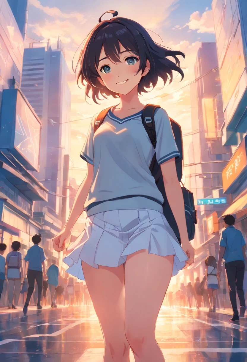 masterpiece, best quality, movie still, 1girl, cloud girl, floating in the sky, close-up, bright, happy, warm soft lighting, sunset, (sparks:0.7) Girl, Long Black Hair, Slightly Grey, a little bit thicc, Blue-Grey Tank Top, Black Leggings, White Skirt, Headphones, Blue Eyes, Walking On Street, Smiling, White Skirt, backpack, a bit bigger thighs and hips, Headphones, hourglass figure,