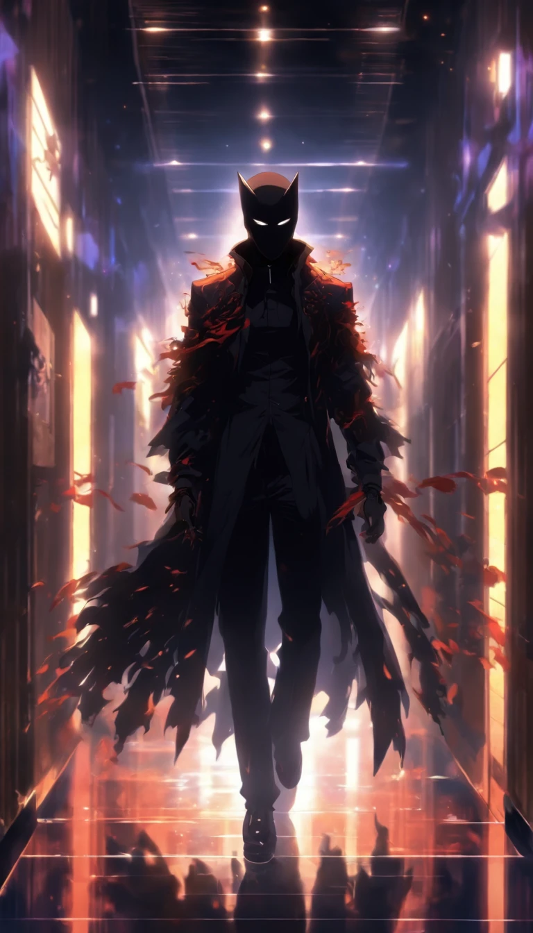 A masked figure standing in a dimly lit corridor, surrounded by silence, dressed in black spy attire, meticulously carrying out their mission, exuding a mysterious and dangerous aura, ,32k, best quality, masterpiece, super detail, high details by Jidaimono Anime Style