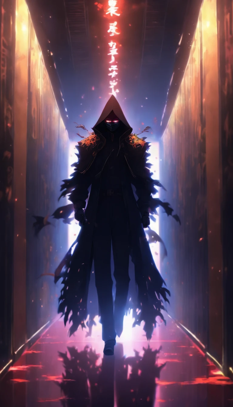 A masked figure standing in a dimly lit corridor, surrounded by silence, dressed in black spy attire, meticulously carrying out their mission, exuding a mysterious and dangerous aura, ,32k, best quality, masterpiece, super detail, high details by Jidaimono Anime Style