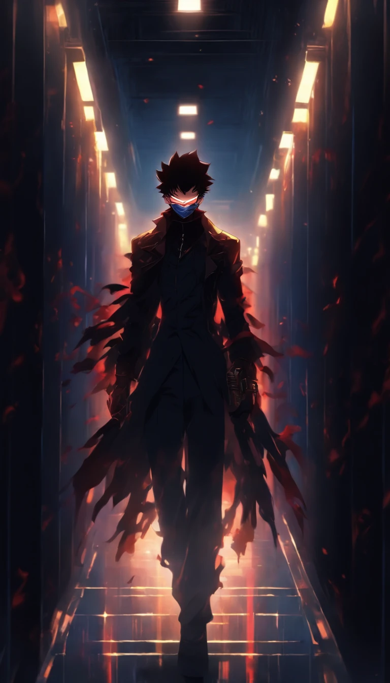 A masked figure standing in a dimly lit corridor, surrounded by silence, dressed in black spy attire, meticulously carrying out their mission, exuding a mysterious and dangerous aura, ,32k, best quality, masterpiece, super detail, high details by Jidaimono Anime Style