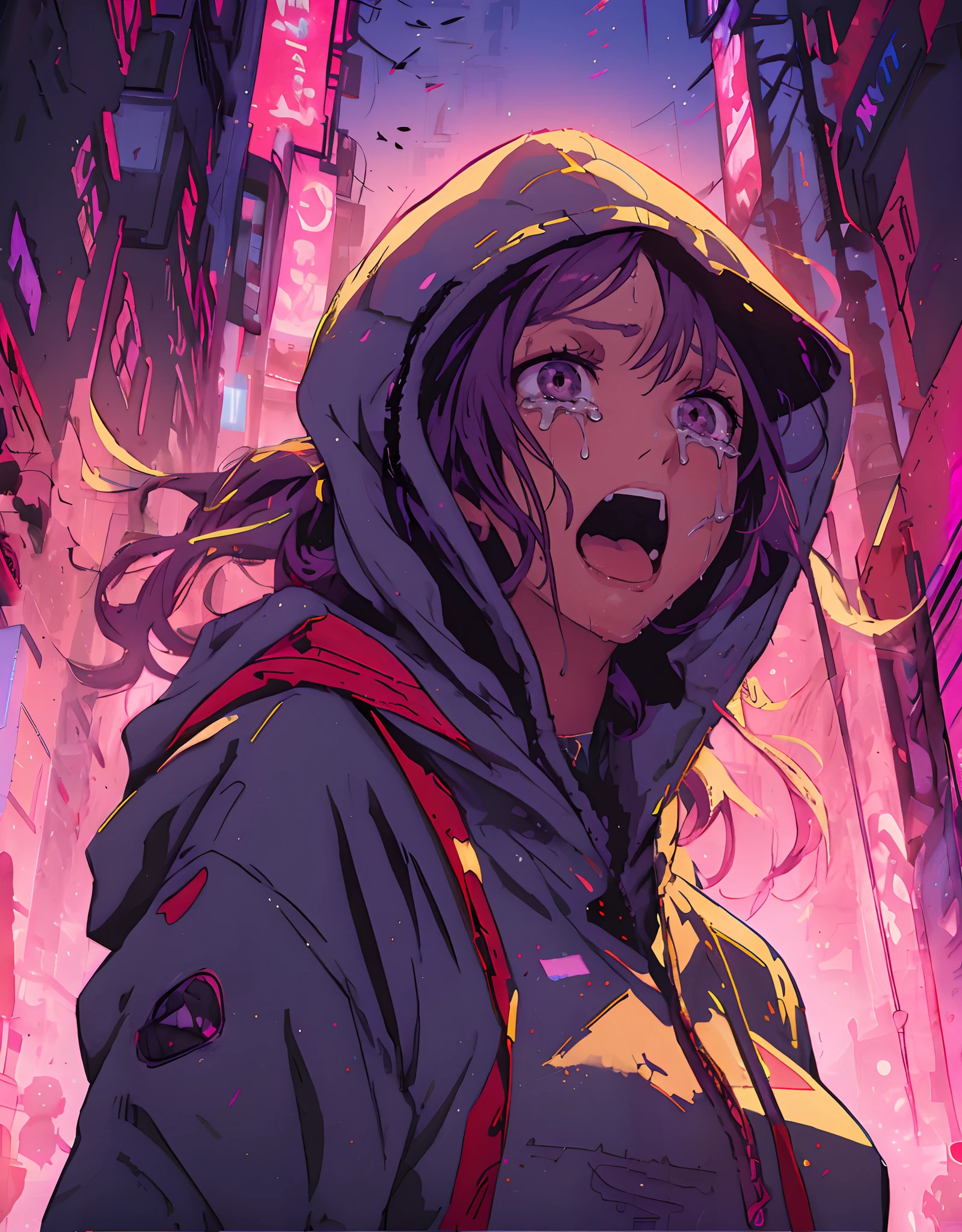 anime girl with hoodie and details ((purple_blur glowing lens)) eyes , apocalypse city,  girl in hoodie, digital, details face, details lips, backlight cyberpunk anime art, badass anime 8 k, anime style 4 k, cyberpunk anime art, anime cyberpunk art, anime art wallpaper 8 k, anime art wallpaper 4k, anime art wallpaper 4 k, digital cyberpunk - anime art, 4 k manga wallpaper, 4k anime wallpaper