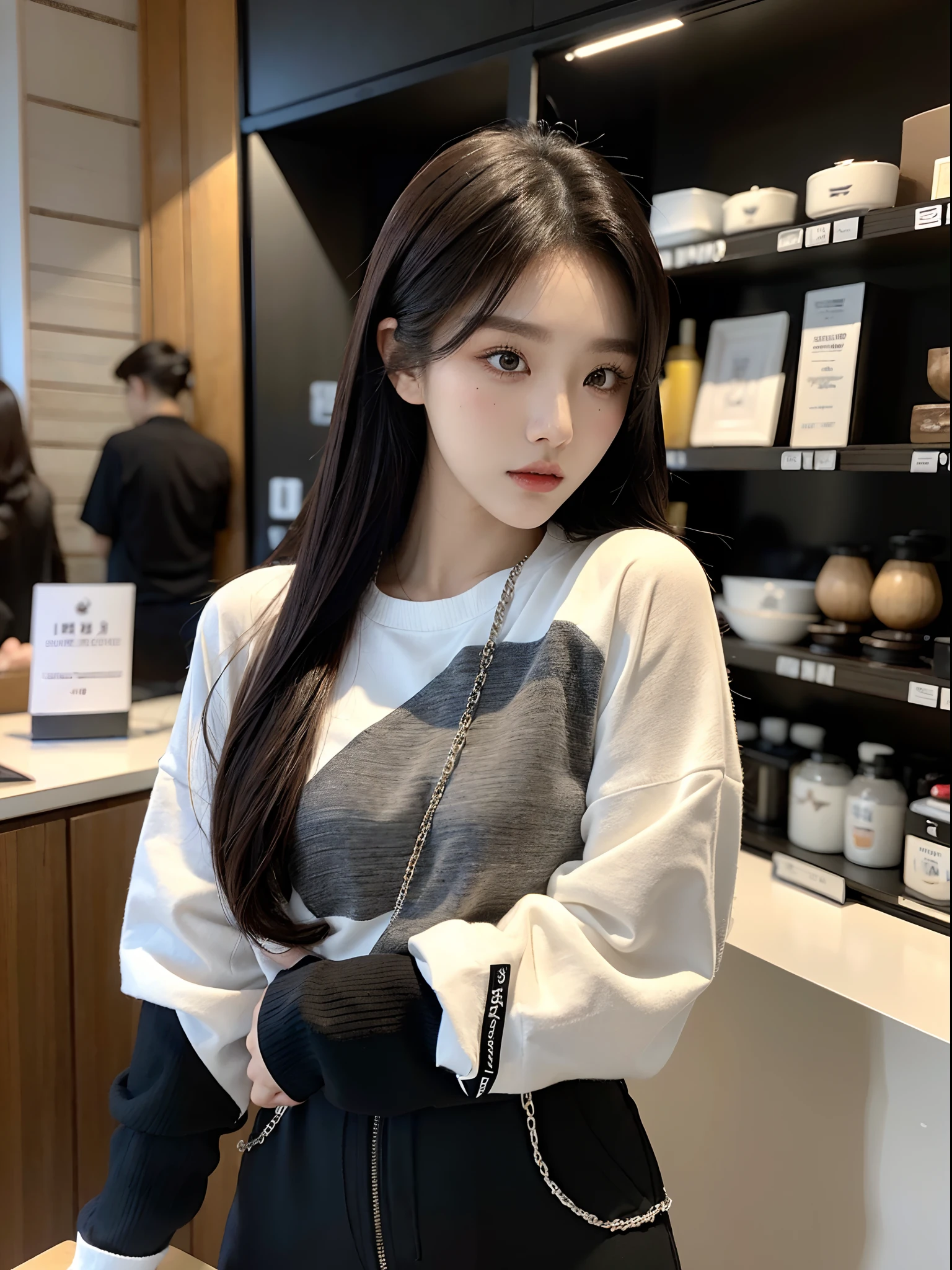 ​masterpiece、top-quality)、1 beutiful girl、Slim body、((Black and white plain clothes:1.1))、(Detailed beautiful eyes)、Walk around the store、((Boyish Brown Medium Hair))、((Smaller face))、((Neutral face))、((Face seen from the side))、((Light brown eyes))、((Korean Girl))、((18year old))、((cool lady))、((Wild look))、((Korean Makeup))、((elongated and sharp eyes))、((Happy dating))、((looking distantly))、((boyish))、((Shot from the same height as your face))、((Viewers are tall))