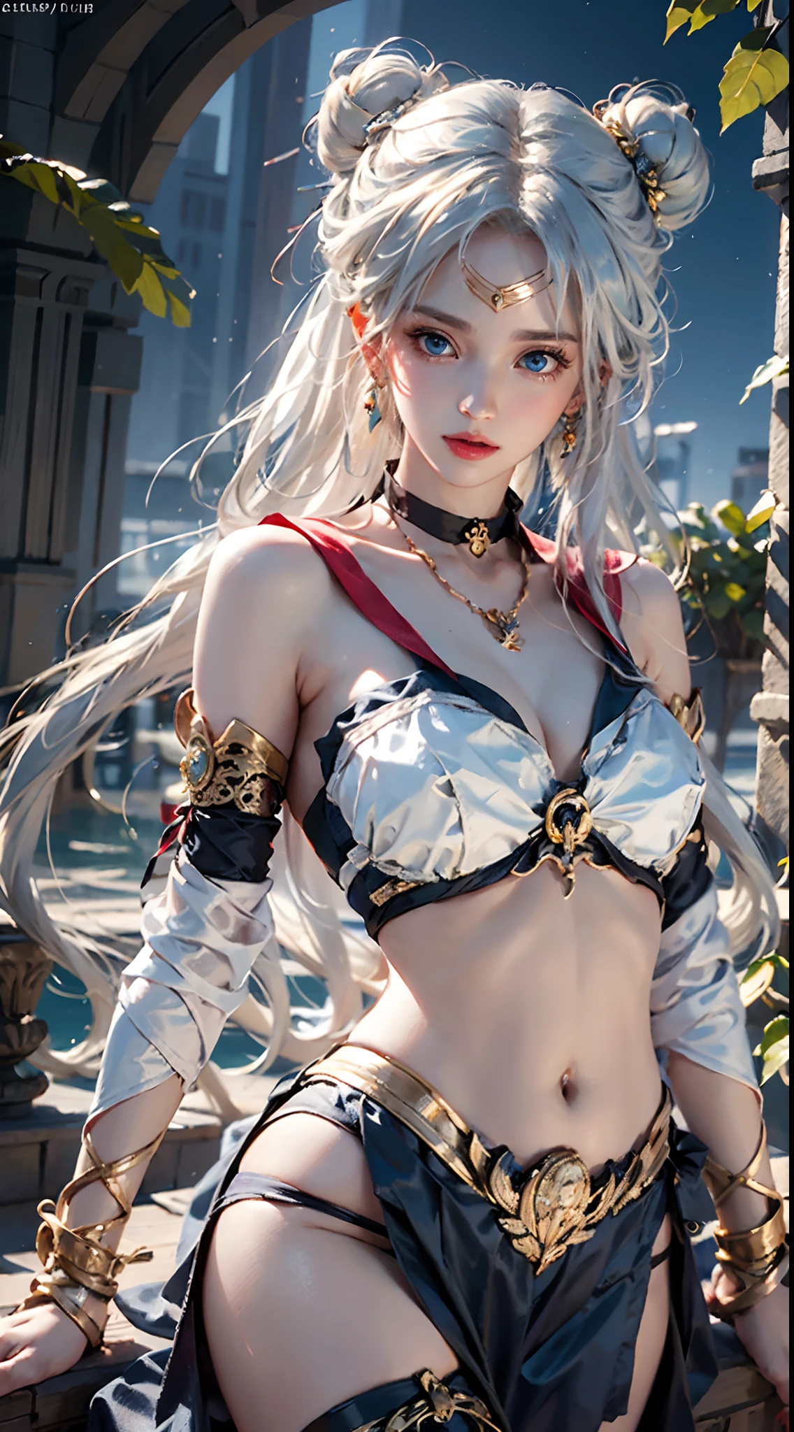 photorealistic, masterpiece, photorealistic, high resolution, soft light, hips up, (blue eyes, white hair), long hair, (silk and Ribbon in front:1.3),earrings,filigree,detached sleeves,wide sleeves, (armlet:1.2),jewelry, (cleavage,bare shoulder,strapless,Simple Choker,tube dress,no bra:1.1), ------------------------------- (sky,idle animation,simple background,Leaves and plant in front :1.2), ------------------------------- (meishaonv,blue eyes,tsukino usagi,double bun,sailor collar,crescent,sailor moon:1.2)