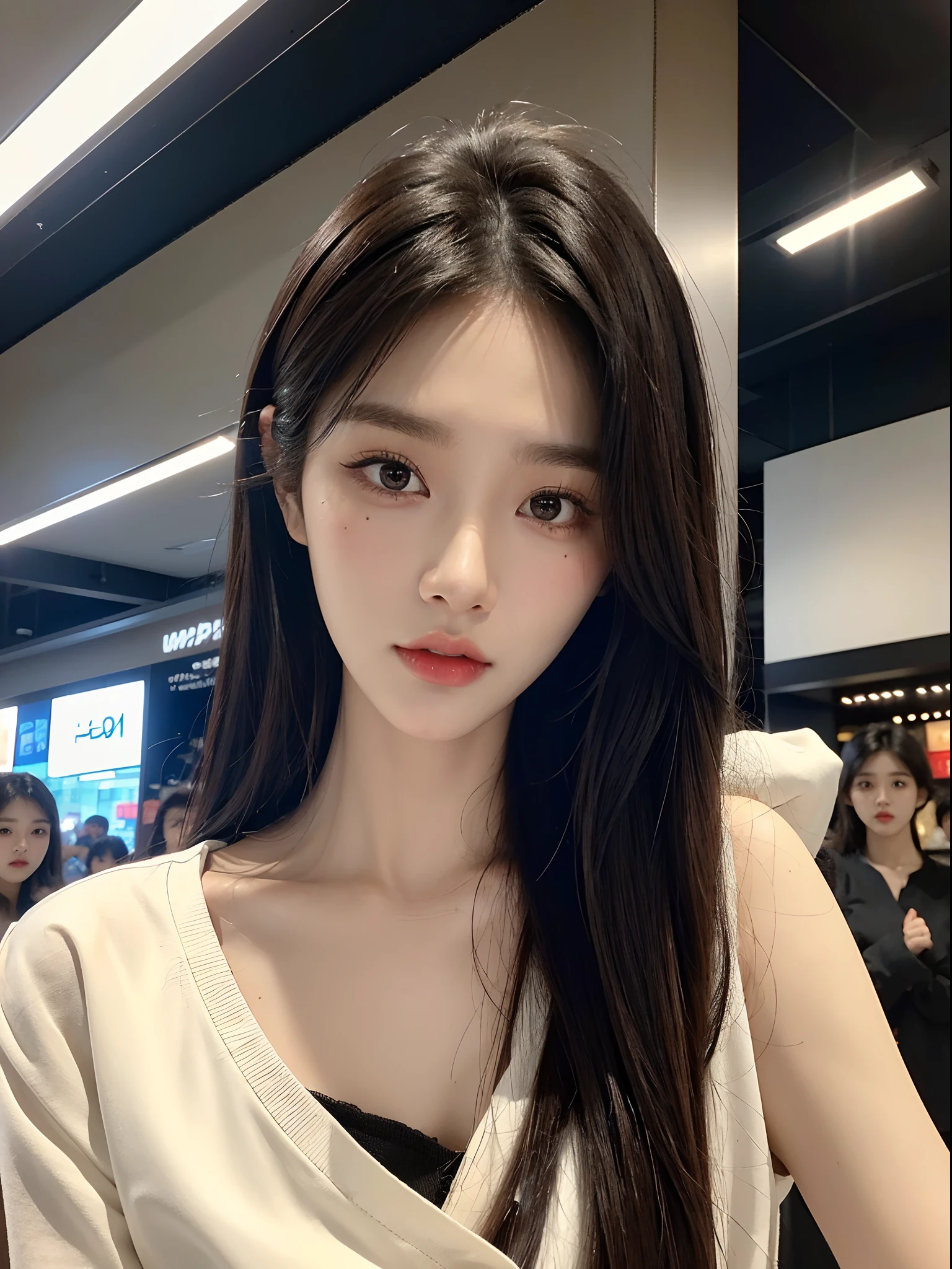 ​masterpiece、top-quality)、1 beutiful girl、Slim body、((Black and white plain clothes:1.1))、(Detailed beautiful eyes)、Walk around the store、((Boyish Brown Medium Hair))、((Smaller face))、((Neutral face))、((Face seen from the side))、((Light brown eyes))、((Korean Girl))、((18year old))、((cool lady))、((Wild look))、((Korean Makeup))、((elongated and sharp eyes))、((Happy dating))、((looking distantly))、((boyish))、((Shot from the same height as your face))、((Viewers are tall))