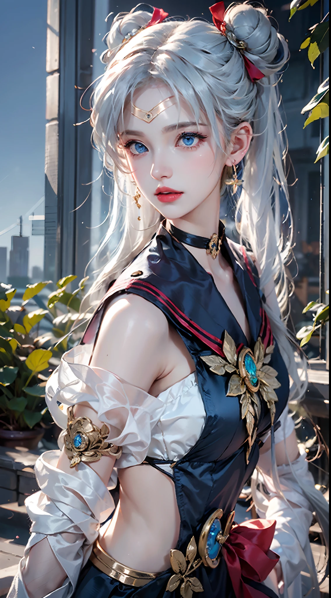 photorealistic, masterpiece, photorealistic, high resolution, soft light, hips up, (blue eyes, white hair), long hair,  (silk and Ribbon in front:1.3),earrings,filigree,detached sleeves,wide sleeves, (armlet:1.2),jewelry, (cleavage,bare shoulder,strapless,Simple Choker,tube dress,no bra:1.1), ------------------------------- (sky,idle animation,simple background,Leaves and plant in front :1.2), ------------------------------- (meishaonv,blue eyes,tsukino usagi,double bun,sailor collar,crescent,sailor moon:1.2)