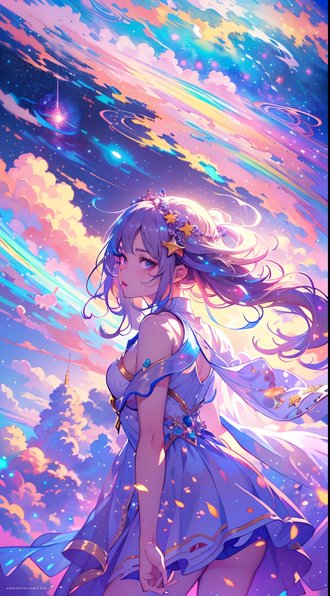 (best quality,4k,highres,masterpiece:1.2), realistic, anime style, 1girl, beautiful detailed eyes, beautiful detailed lips, long eyelashes, dreamy atmosphere, cosmic phenomenon, stars dancing, giant colorful rainbow, vibrant colors, colorful sky, fluffy cloud, magnificent scene, fantasy, magical, awe-inspiring, surreal, anime wallpaper