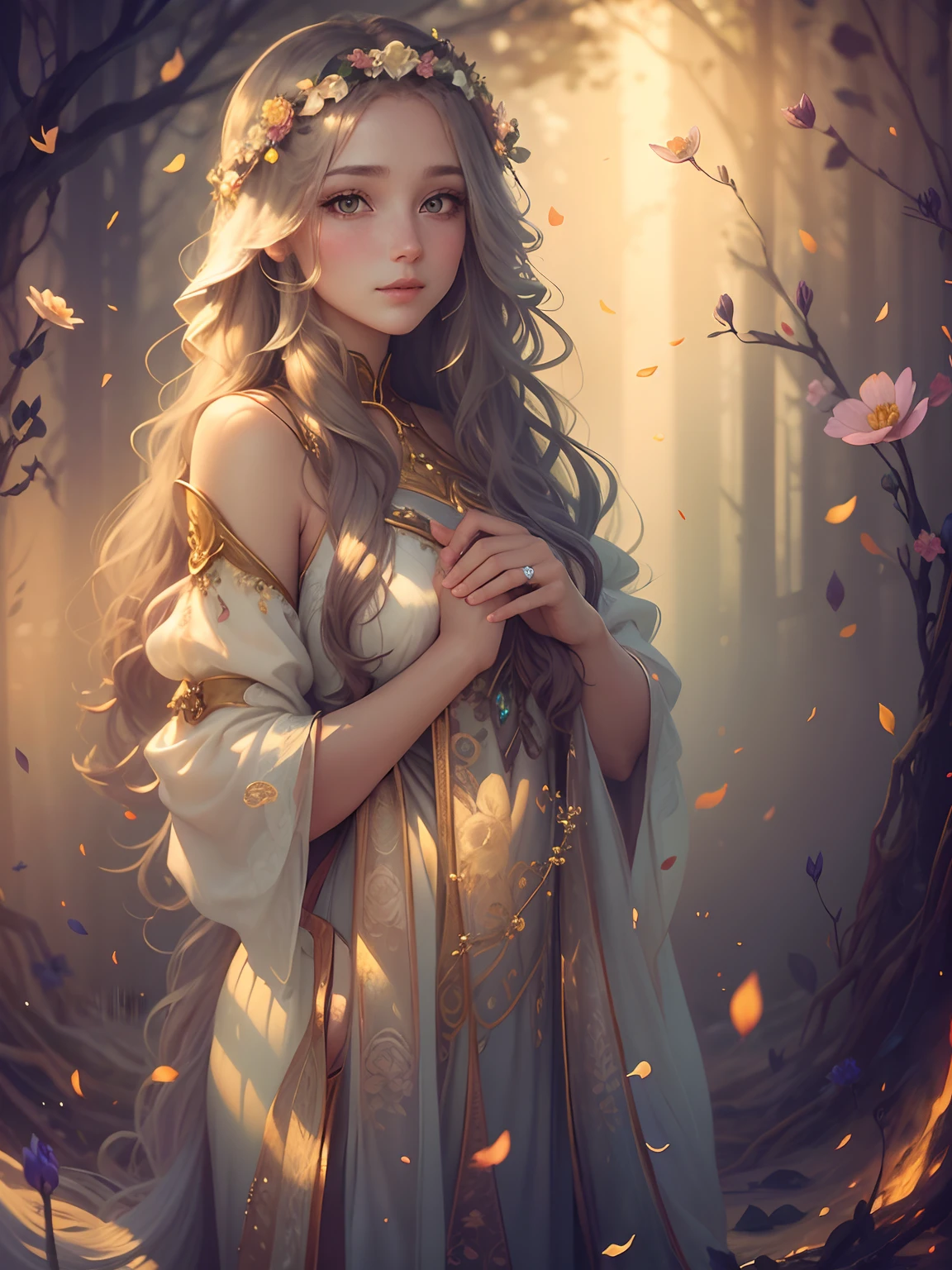 high quality, 8K Ultra HD, full color, etching aquatint, fine lines and shadows, In the heart of Floral Fantasy Wonderland, behold a captivating and ethereal spirit of a beautiful maiden, gracefully adorned with the essence of blooming flowers. Her golden long flowing hair, like silken threads of golden, cascades gracefully down her back, interwoven with delicate floral accents that mirror the surrounding blooms. Her eyes, the color of the deepest forest emeralds, sparkle with a hint of magic and mystery, reflecting the beauty of the floral symphony that surrounds her. In her hand, she holds a delicate bouquet of the most exquisite flowers, their vibrant colors mirroring her own radiant aura. With the clarity and detail of 8K Ultra HD images, every petal, every hue, and every expression of her otherworldly charm come to life in vivid splendor,