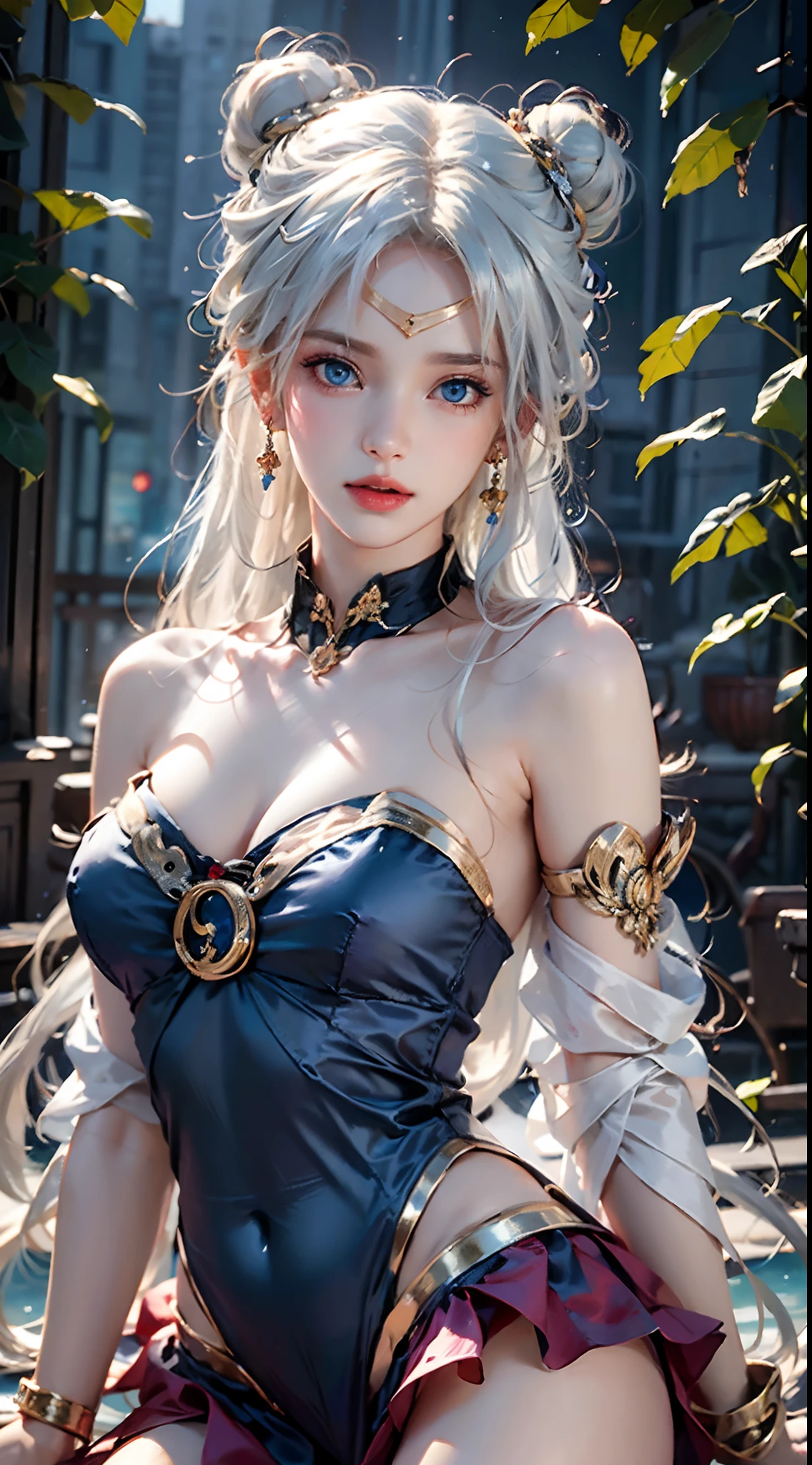photorealistic, masterpiece, photorealistic, high resolution, soft light, hips up, (blue eyes, white hair), long hair, (silk and Ribbon in front:1.3),earrings,filigree,detached sleeves,wide sleeves, (armlet:1.2),jewelry, (cleavage,bare shoulder,strapless,Simple Choker,tube dress,no bra:1.1), ------------------------------- (sky,idle animation,simple background,Leaves and plant in front :1.2), ------------------------------- (meishaonv,blue eyes,tsukino usagi,double bun,sailor collar,crescent,sailor moon:1.2)