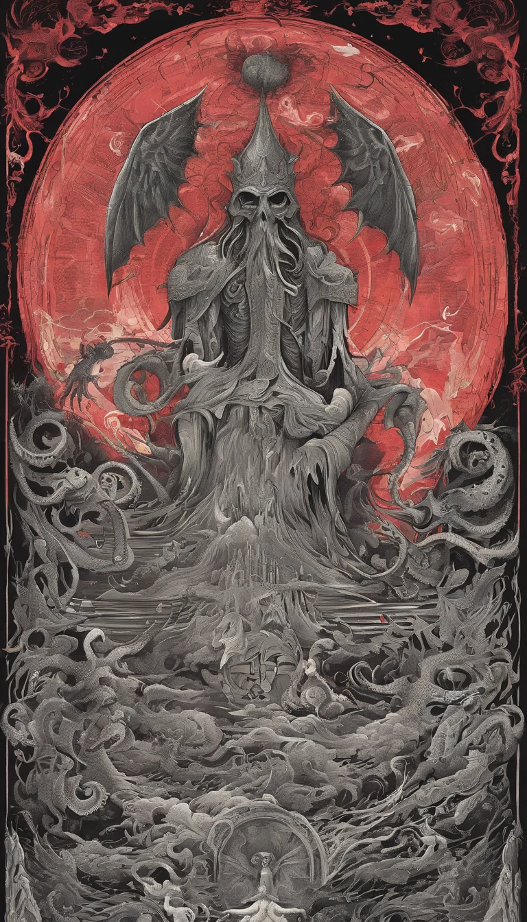 From the depths he emerges, devil,
The Cthulhu's Parade in crimson hues.
Whispers of the otherworldly echo,
A festival where madness and beauty fuse.
In the night sky adorned with abyssal splendor,
Feathers stained with blood dance and soar.
Entwined by threads of fate,
The deranged revel in ecstasy's roar.
Oh mighty Cthulhu, ruler of the depths,
In our pursuit of desires so forlorn,
We embark on a path of madness and despair,
Guided by the disciples of the one we adorn.
On the grand boulevard, grotesque forms stride,
Where terror and beauty intertwine.
In the realm betwixt dreams and nightmares,
We surrender ourselves to euphoria's shrine.
Praise his name, the great Cthulhu,
Monarch of the abyss, the wellspring of our insanity.
In this eternal procession's stage,
We celebrate the coming of the world's calamity.
